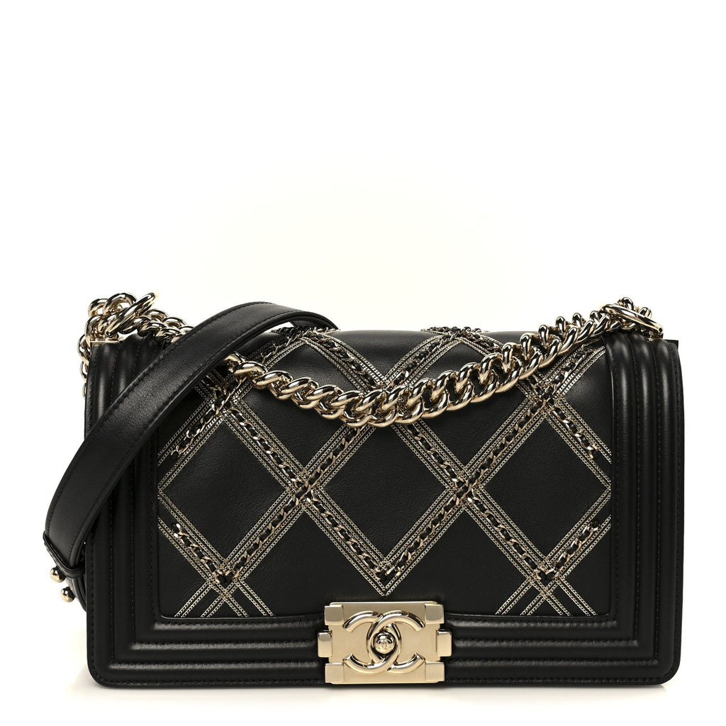 Chanel Calfskin Quilted Medium Chain Detail Boy Flap Black