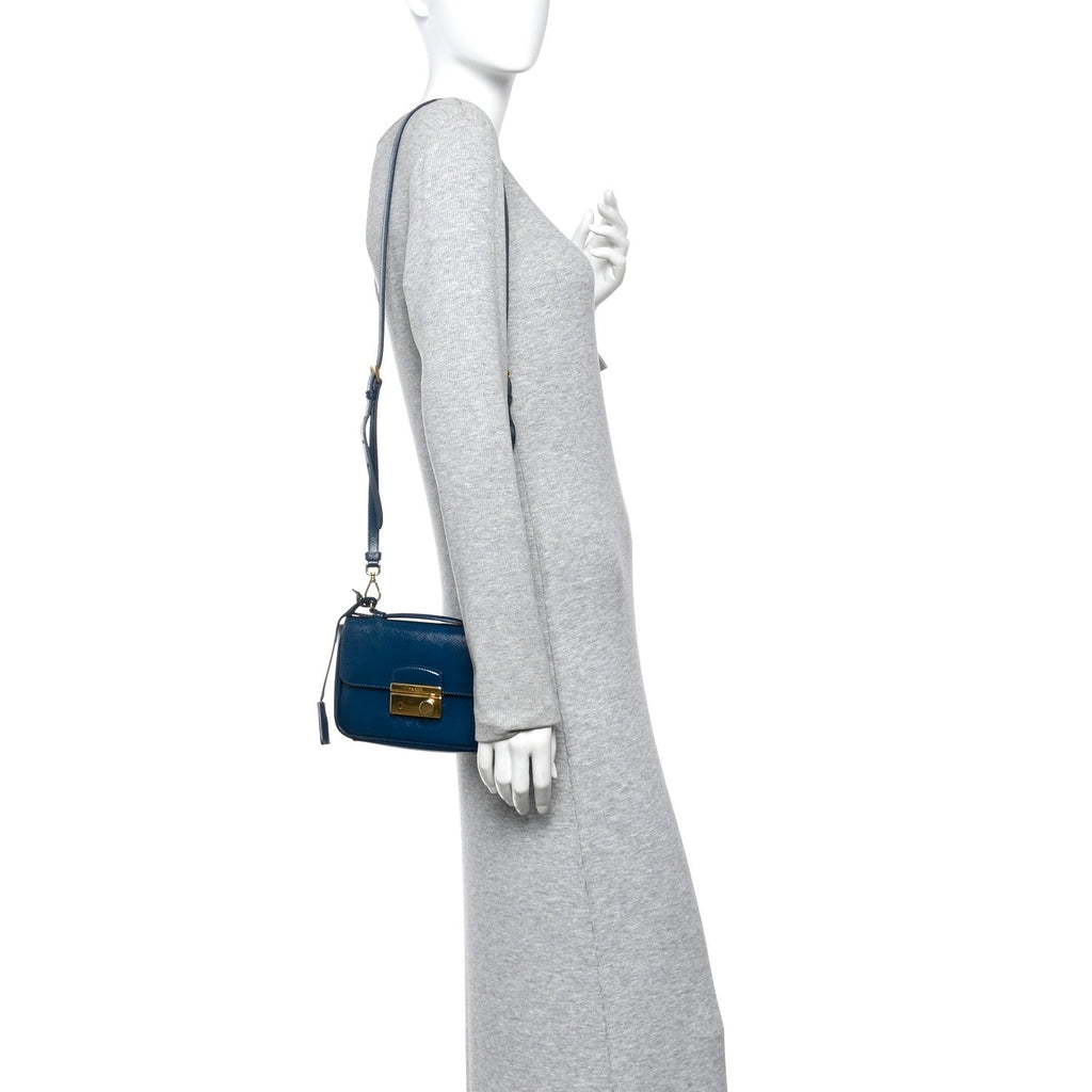 Prada Saffiano Vernice Lock Flap Chain Bag Azzurro