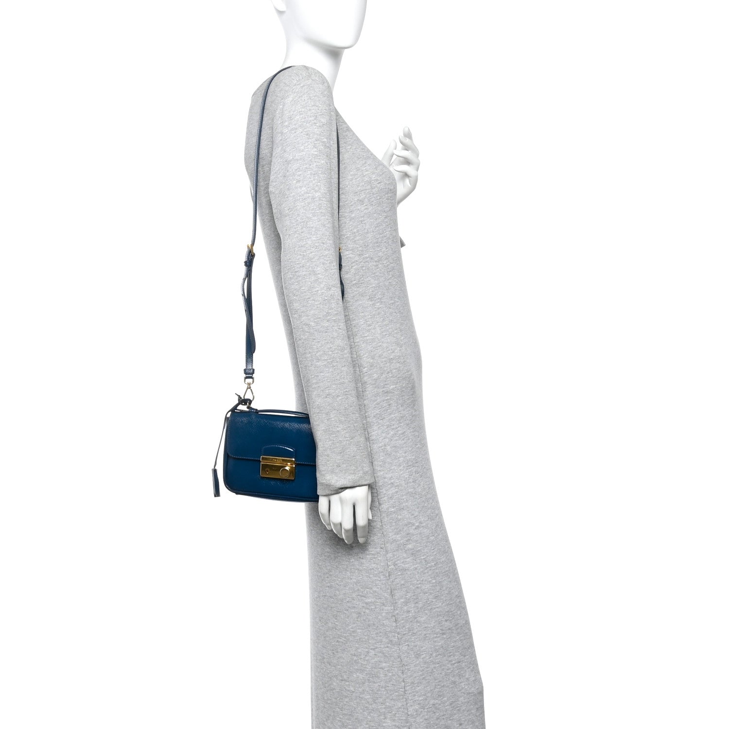 Prada Saffiano Vernice Lock Flap Chain Bag Azzurro