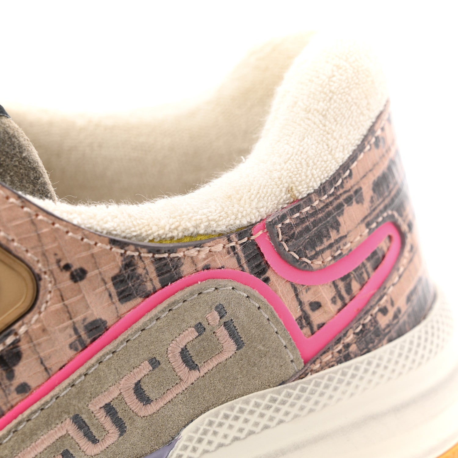 Gucci Suede Calfskin Tejus Printed Womens Ultrapace Sneakers 37.5 Pink Silver Oatmeal Yolk