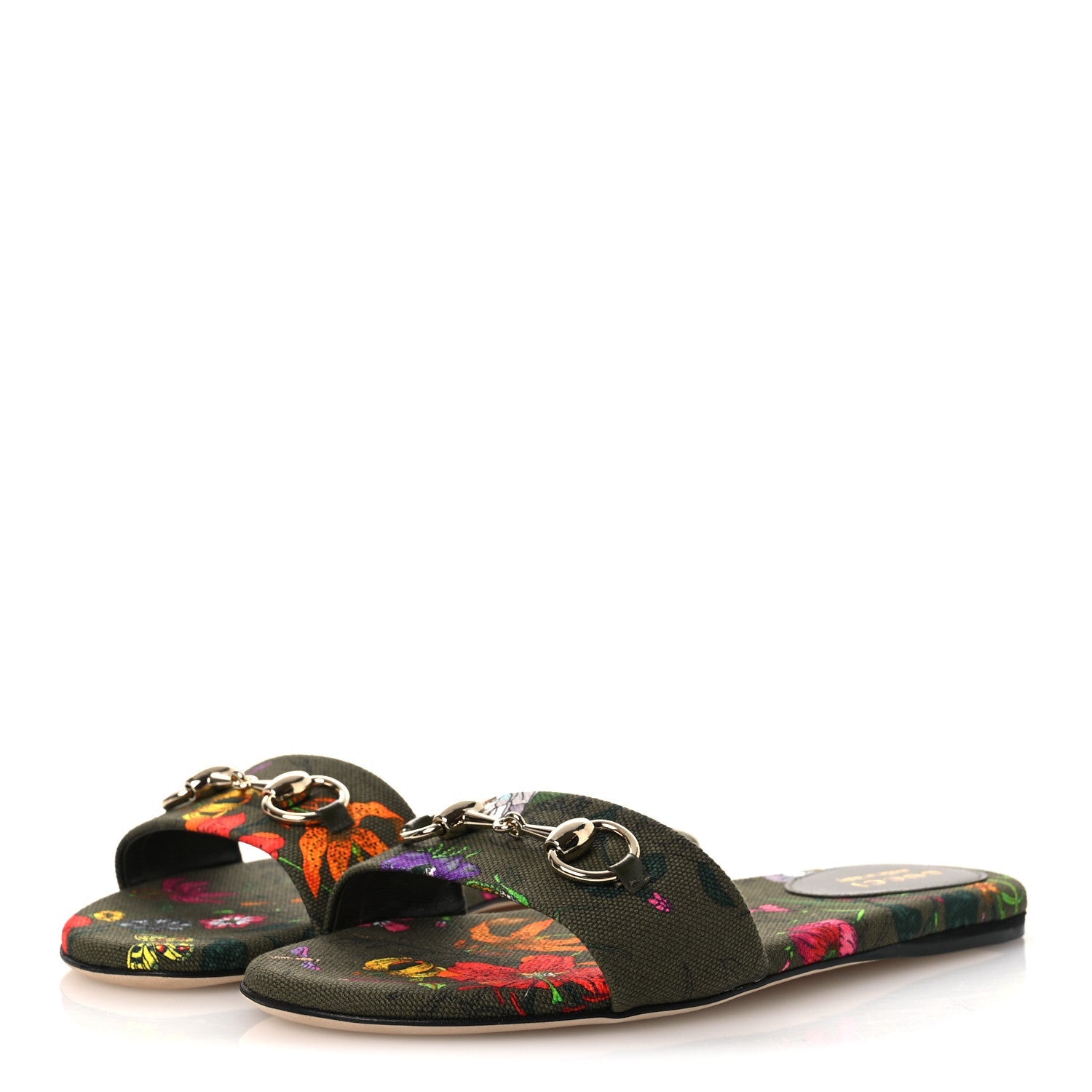 Gucci Canvas Flora Floral Horsebit Slide Sandals 36 Green