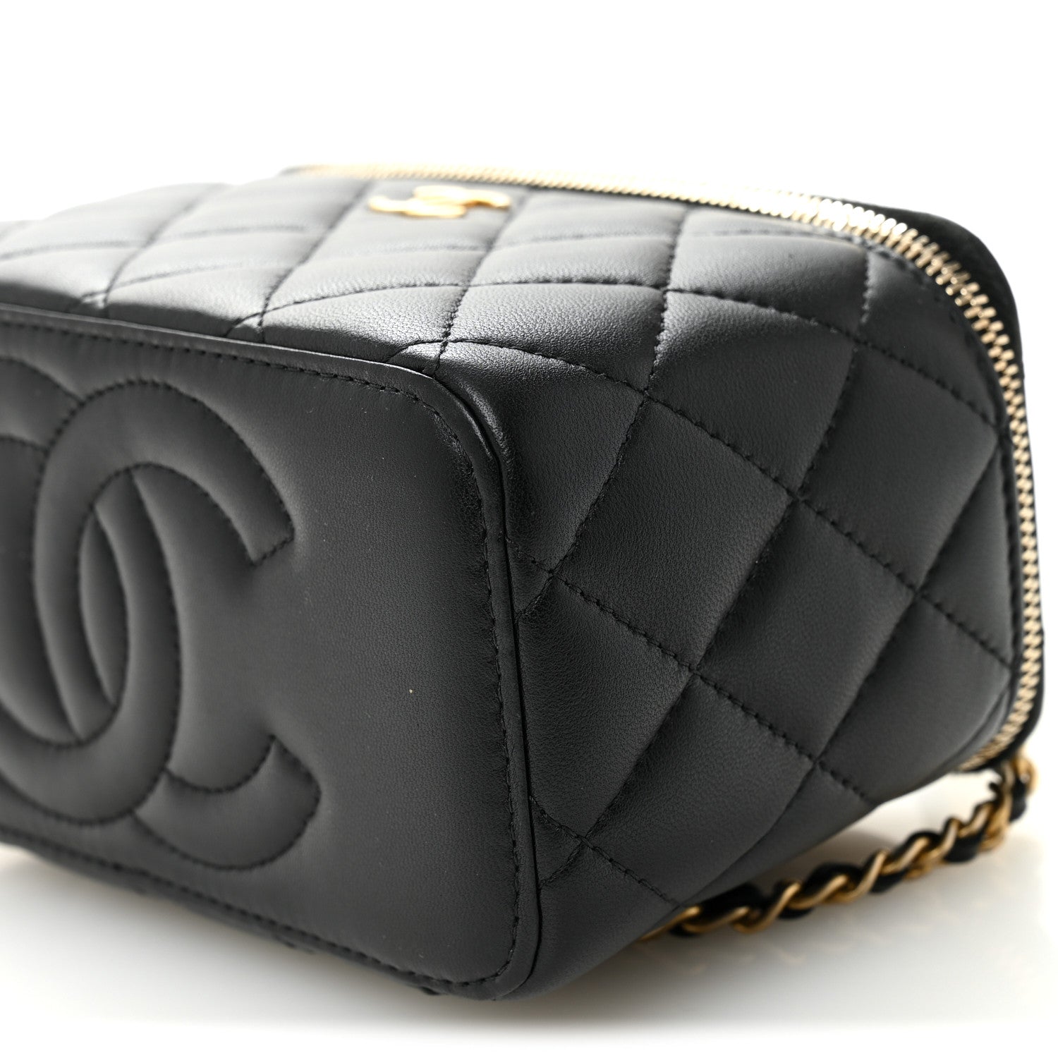 Chanel Lambskin Quilted Metal Small Top Handle Vanity Case With Chain Black