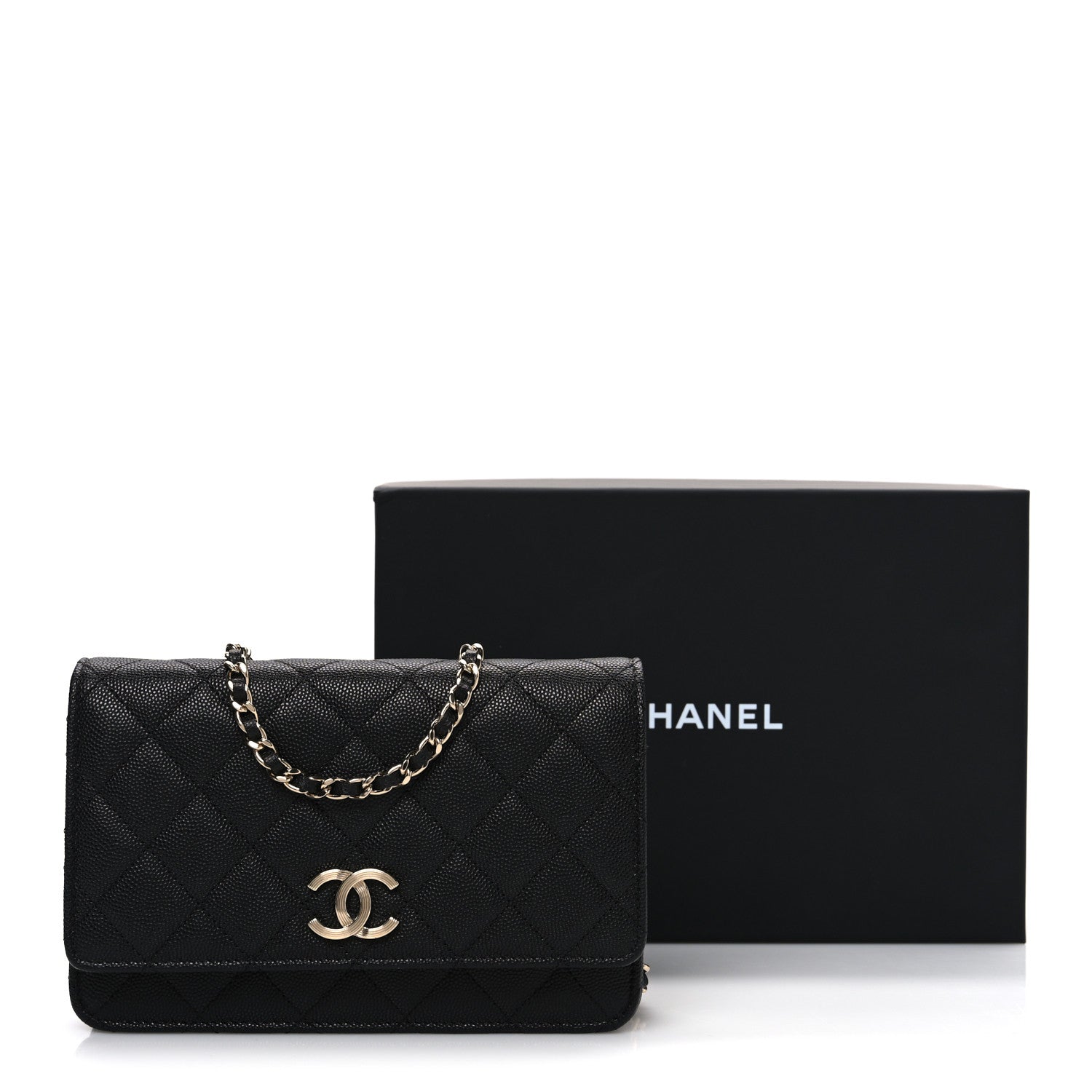 Chanel Caviar Quilted Striated CC Wallet On Chain WOC Black