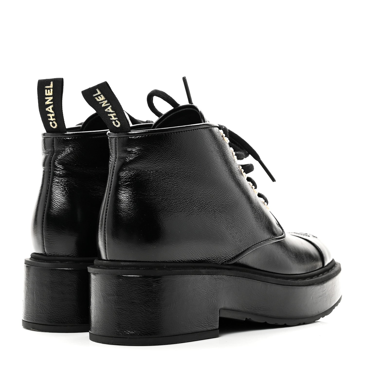 Chanel Shiny Calfskin Pearl Lace Up Combat Short Boots 38 Black