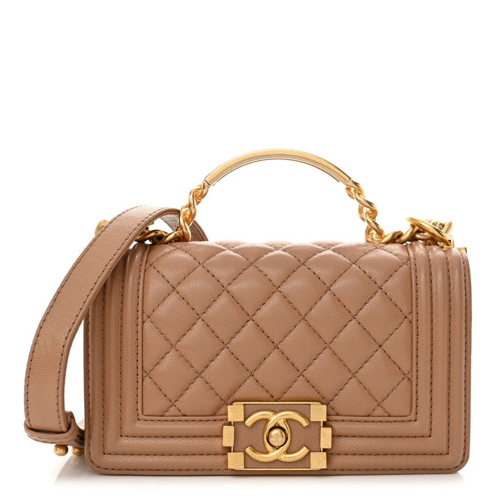 Chanel Caviar Quilted Small Top Handle Boy Flap Beige