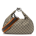 Gucci GG Supreme Monogram Textured Calfskin Web Large Attache Shoulder Bag Beige Ebony New Acero
