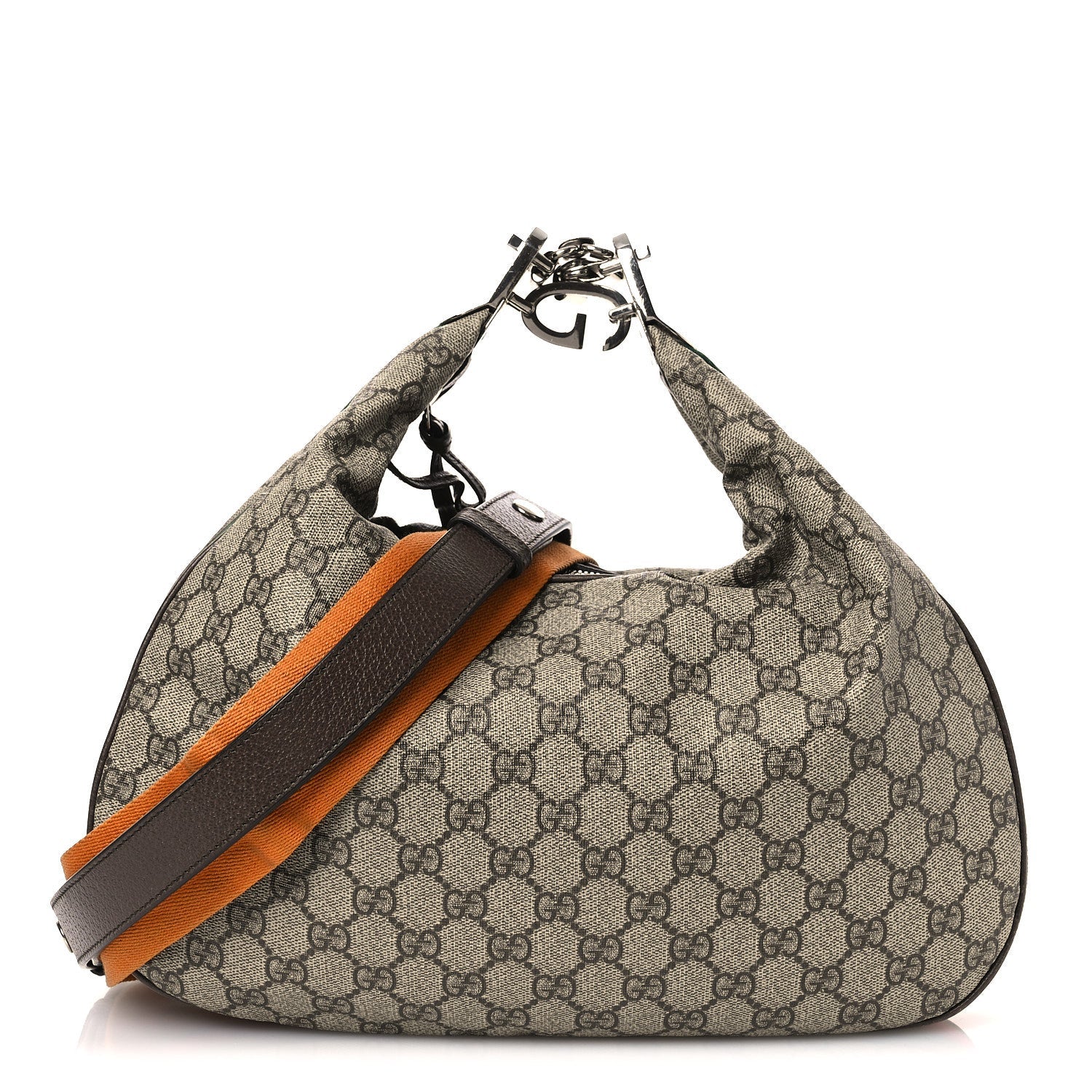 Gucci GG Supreme Monogram Textured Calfskin Web Large Attache Shoulder Bag Beige Ebony New Acero