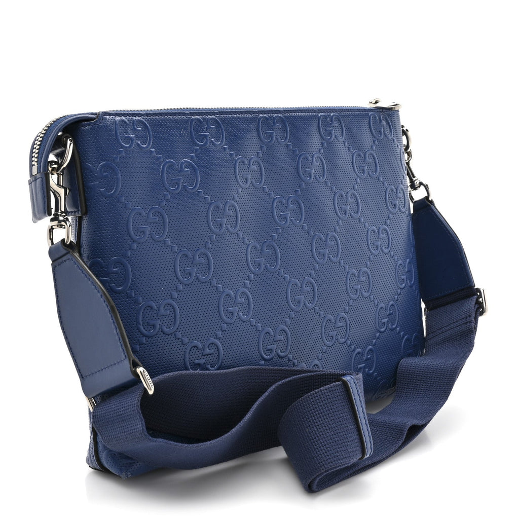 Gucci Calfskin GG Tennis Embossed Medium Wristlet Messenger Bag Intense Metal Blue