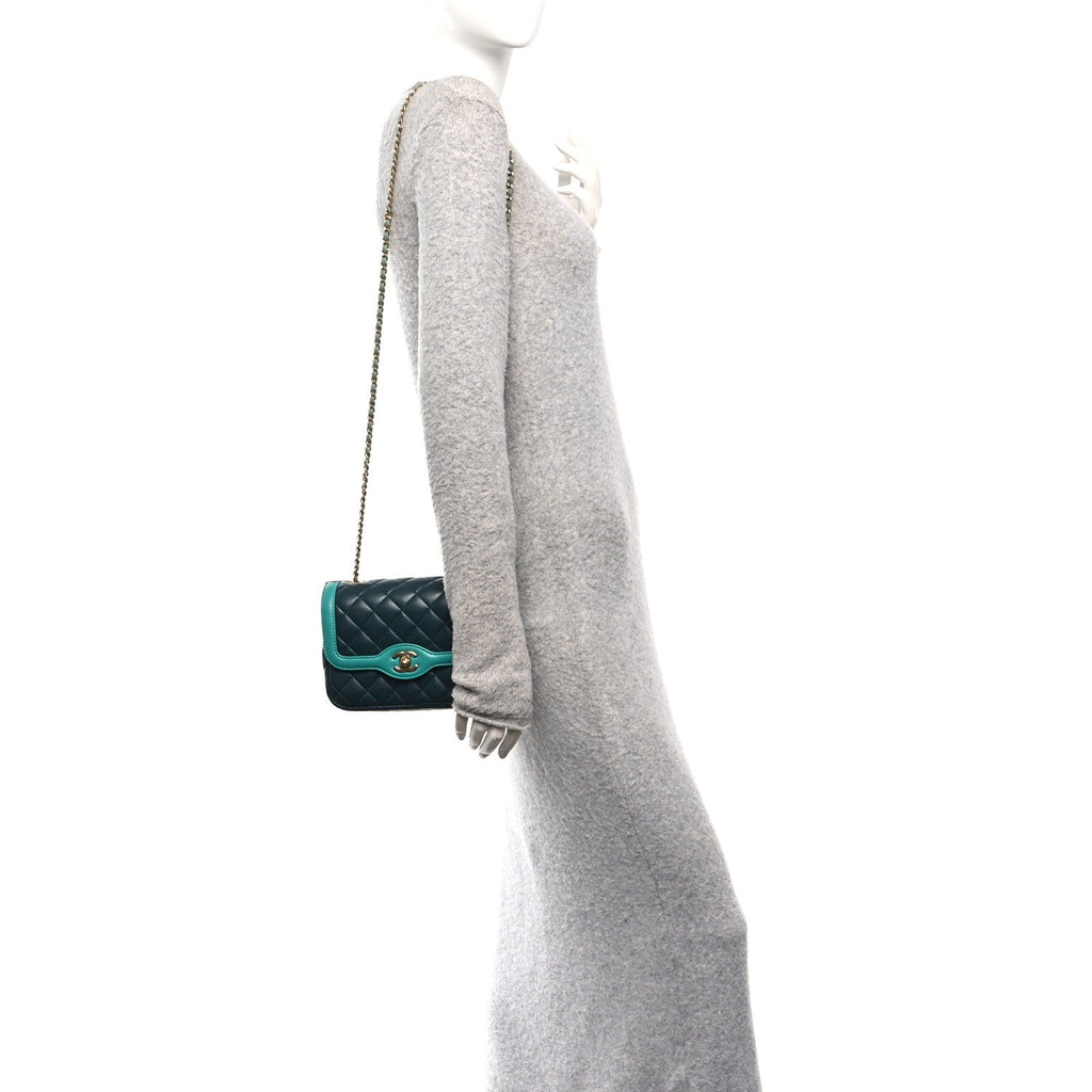 Chanel Lambskin Quilted Mini Two Tone Day Flap Navy Turquoise