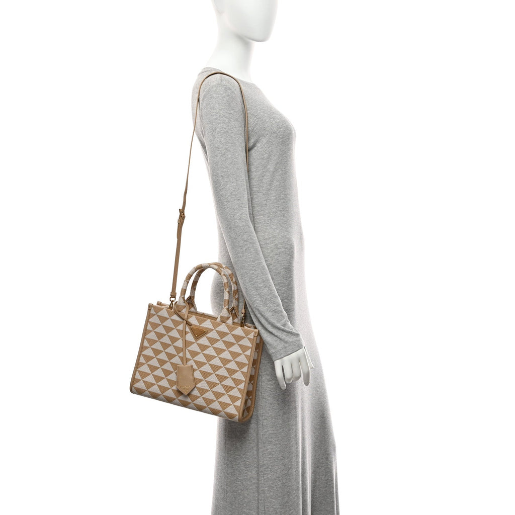 Prada Jacquard Saffiano Triangolo Symbole Embroidered Small Tote Corda Talco