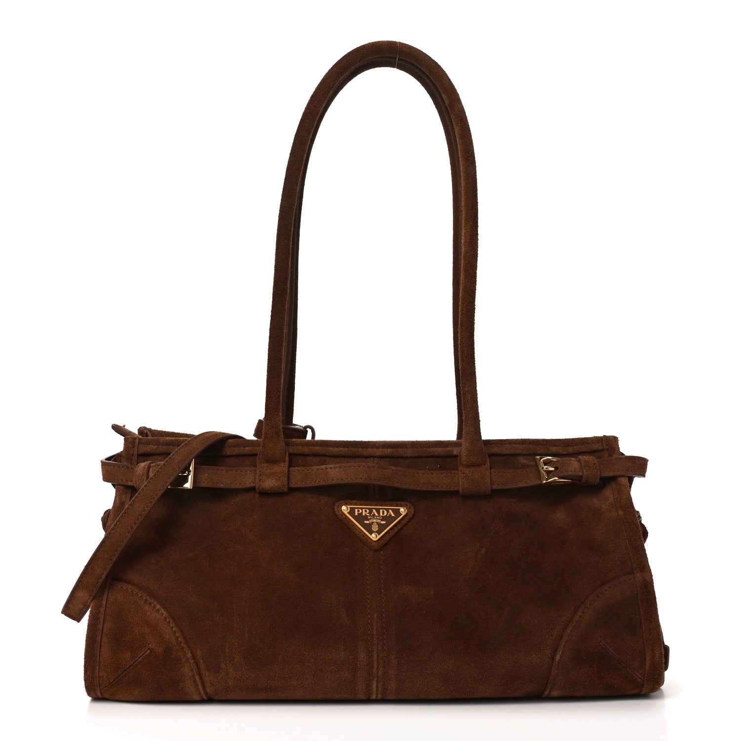 Prada Suede Triangle Medium Bonnie Shoulder Bag Cacao