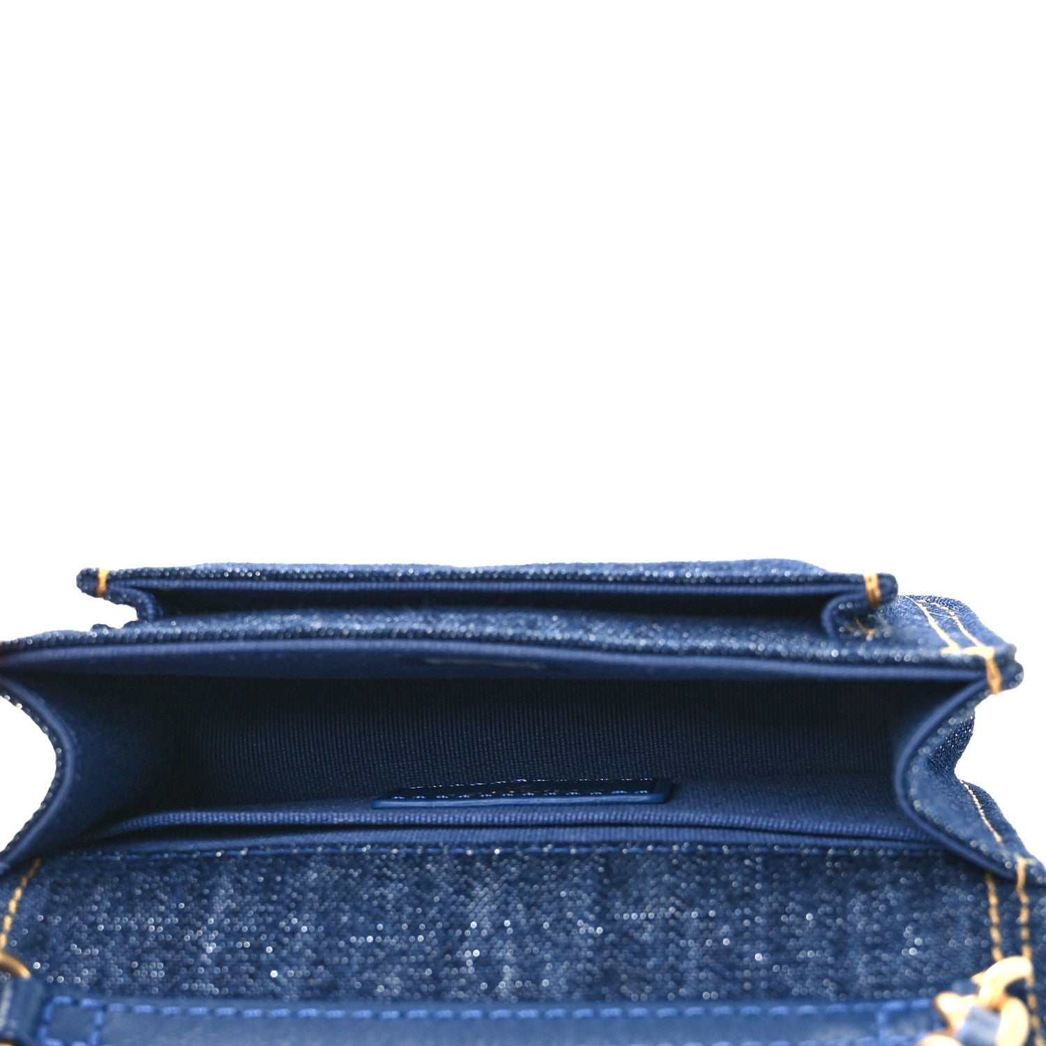 Chanel Denim Quilted Double You Card Holder On Chain Blue