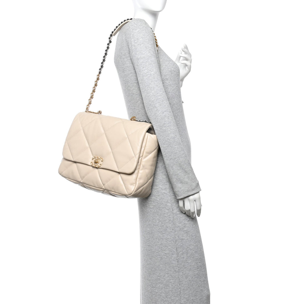 Chanel Goatskin Quilted Maxi Chanel 19 Flap Beige