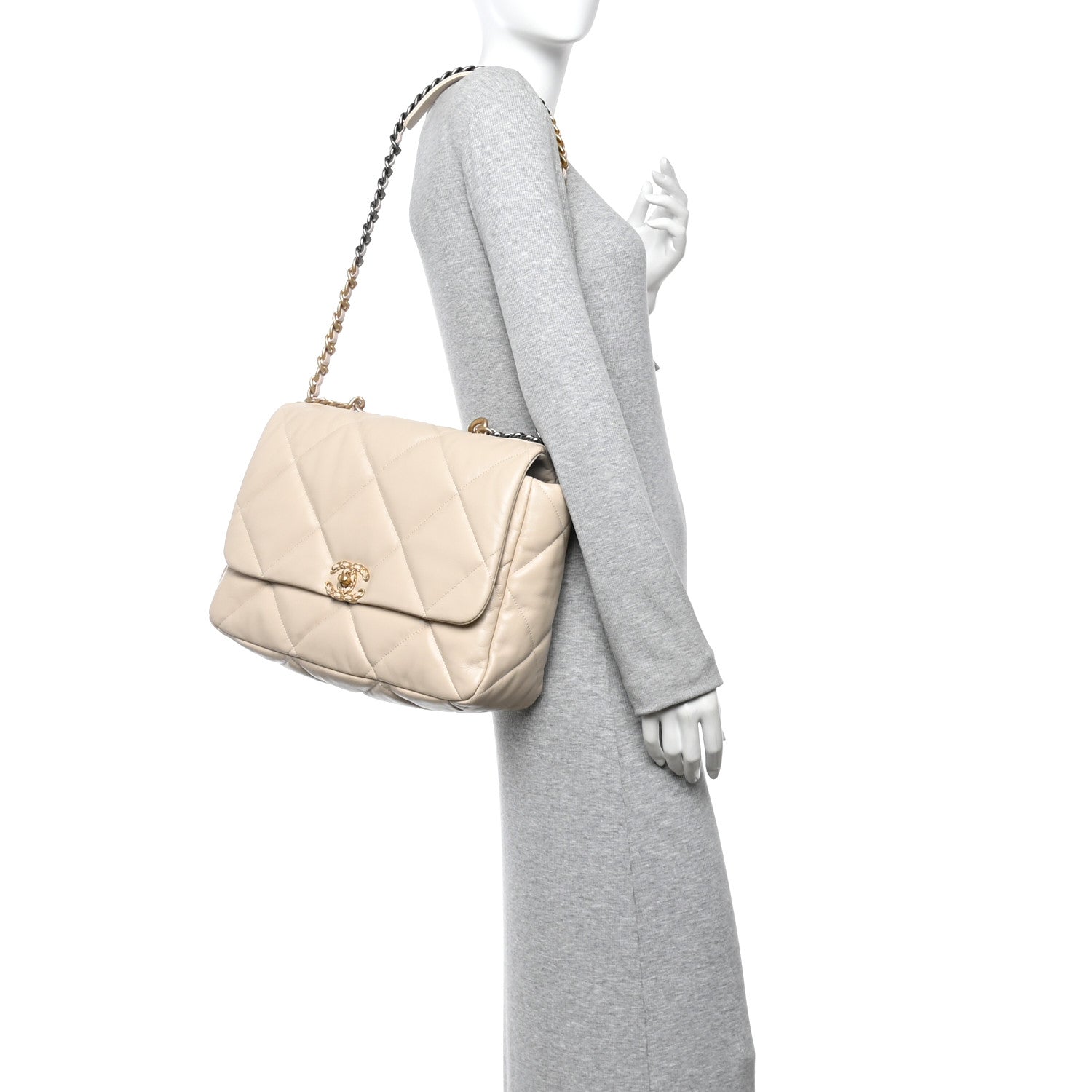 Chanel Goatskin Quilted Maxi Chanel 19 Flap Beige