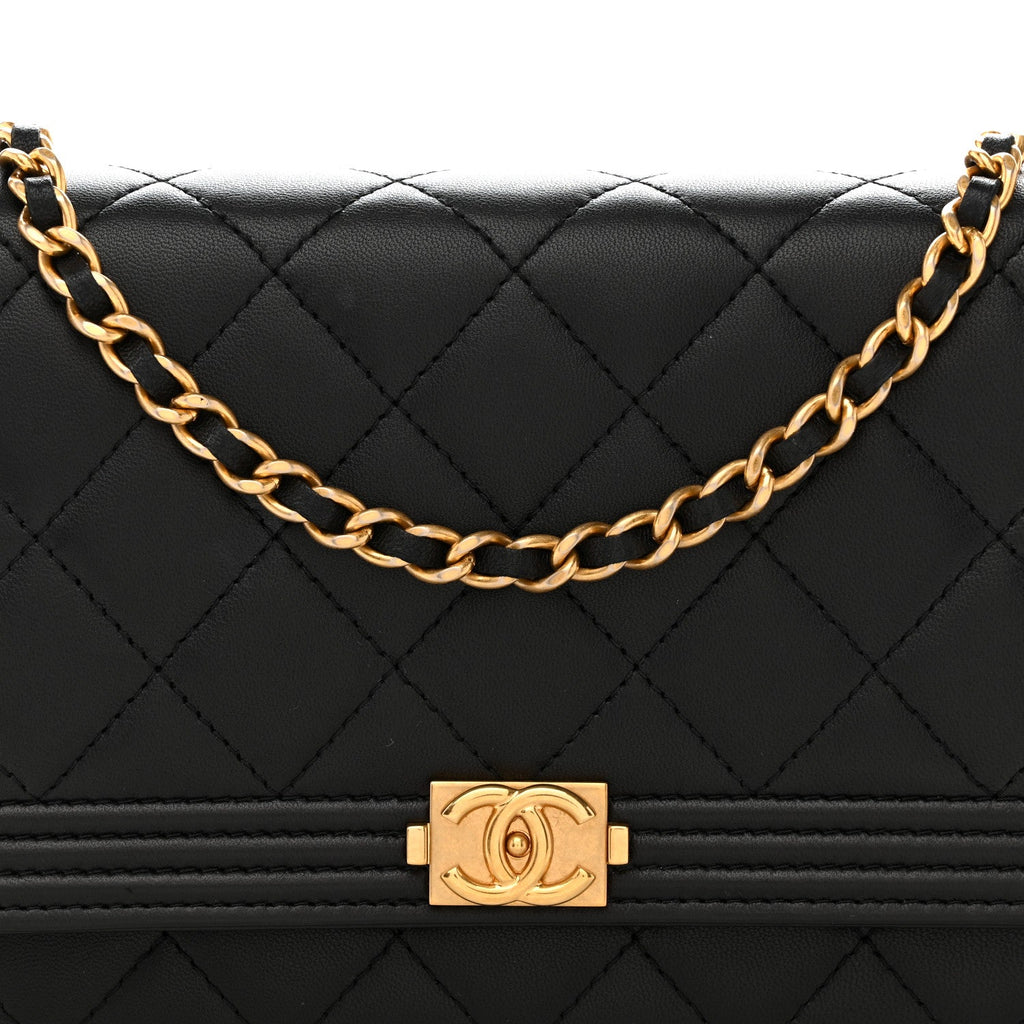 Chanel Lambskin Quilted Boy Wallet On Chain WOC Black