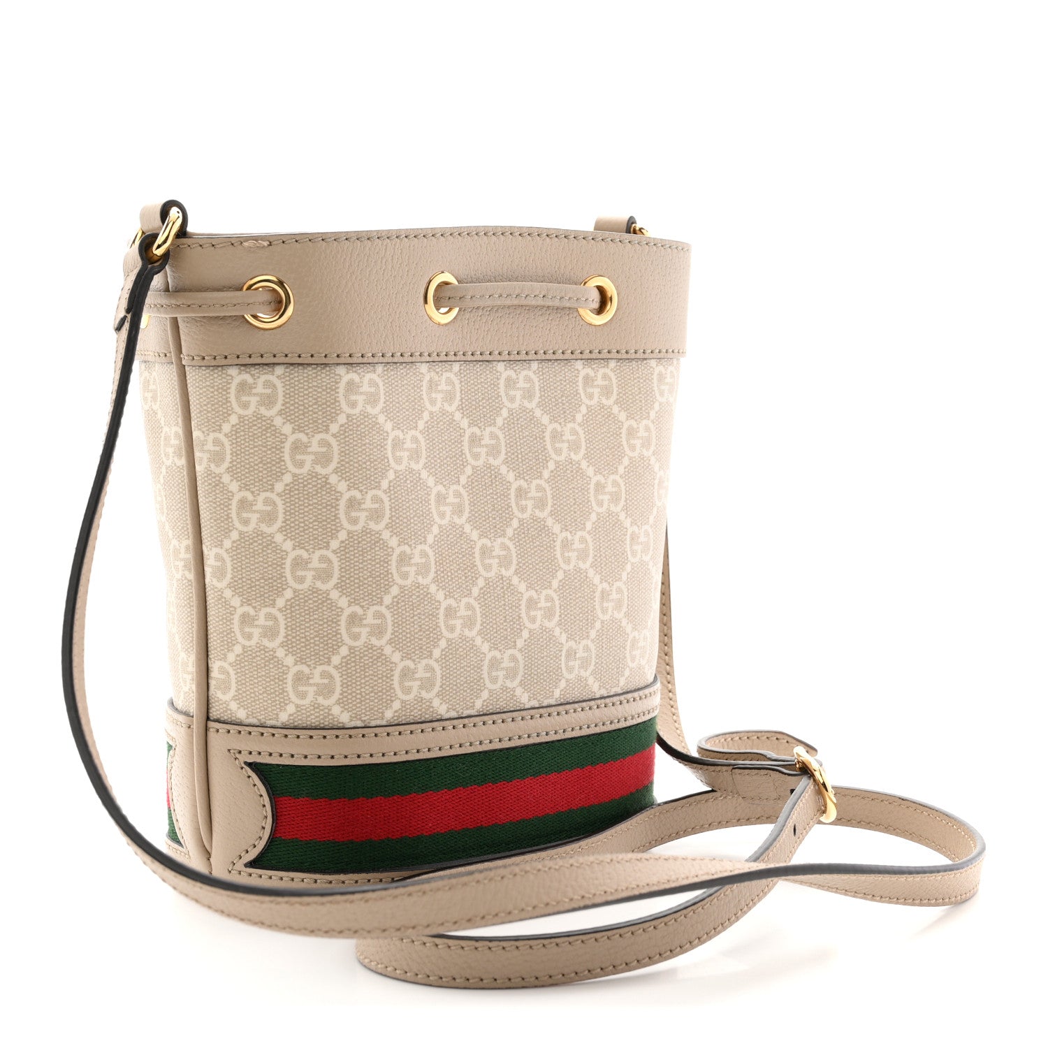 Gucci GG Supreme Monogram Textured Calfskin Web Mini Ophidia Bucket Bag Beige Ebony Mystic White Oatmeal