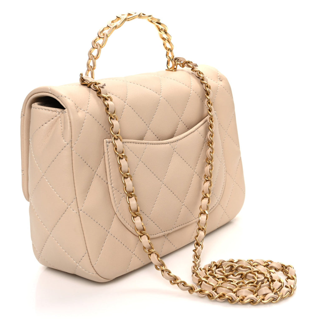 Chanel Lambskin Quilted Metal Enamel Chain Top Handle Square Flap Beige