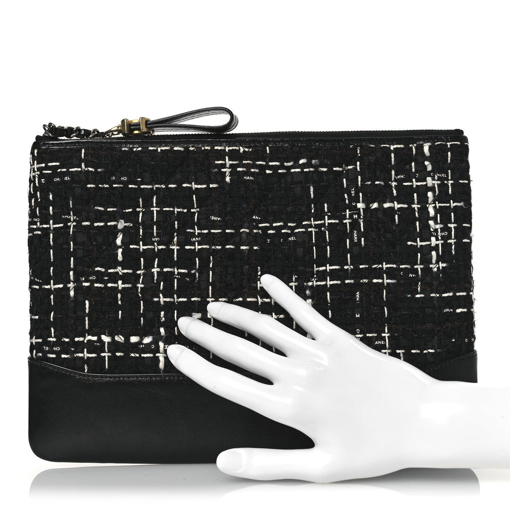 Chanel Tweed Calfskin Quilted Medium Cosmetic Pouch Black White
