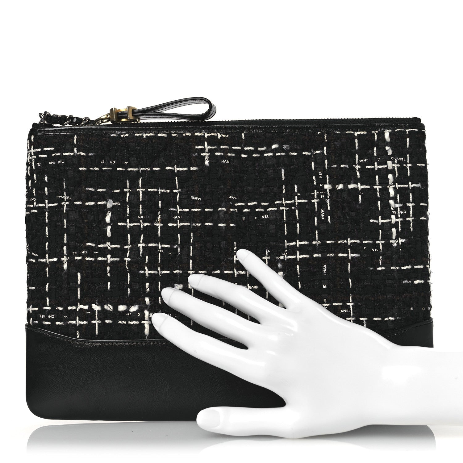 Chanel Tweed Calfskin Quilted Medium Cosmetic Pouch Black White