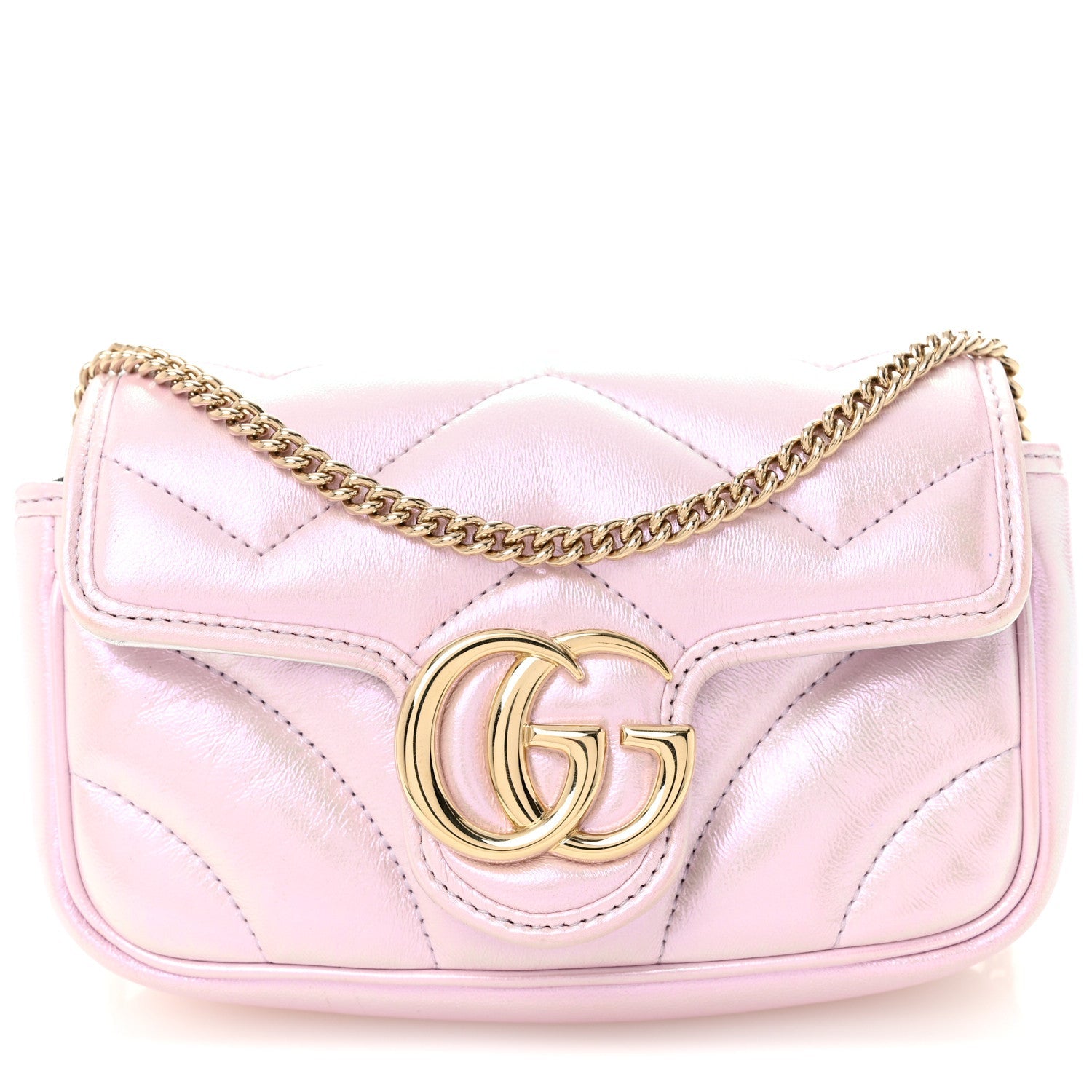 Gucci Iridescent Nappa Chevron Matelasse Super Mini GG Marmont Shoulder Bag Iridescent Escape Pink