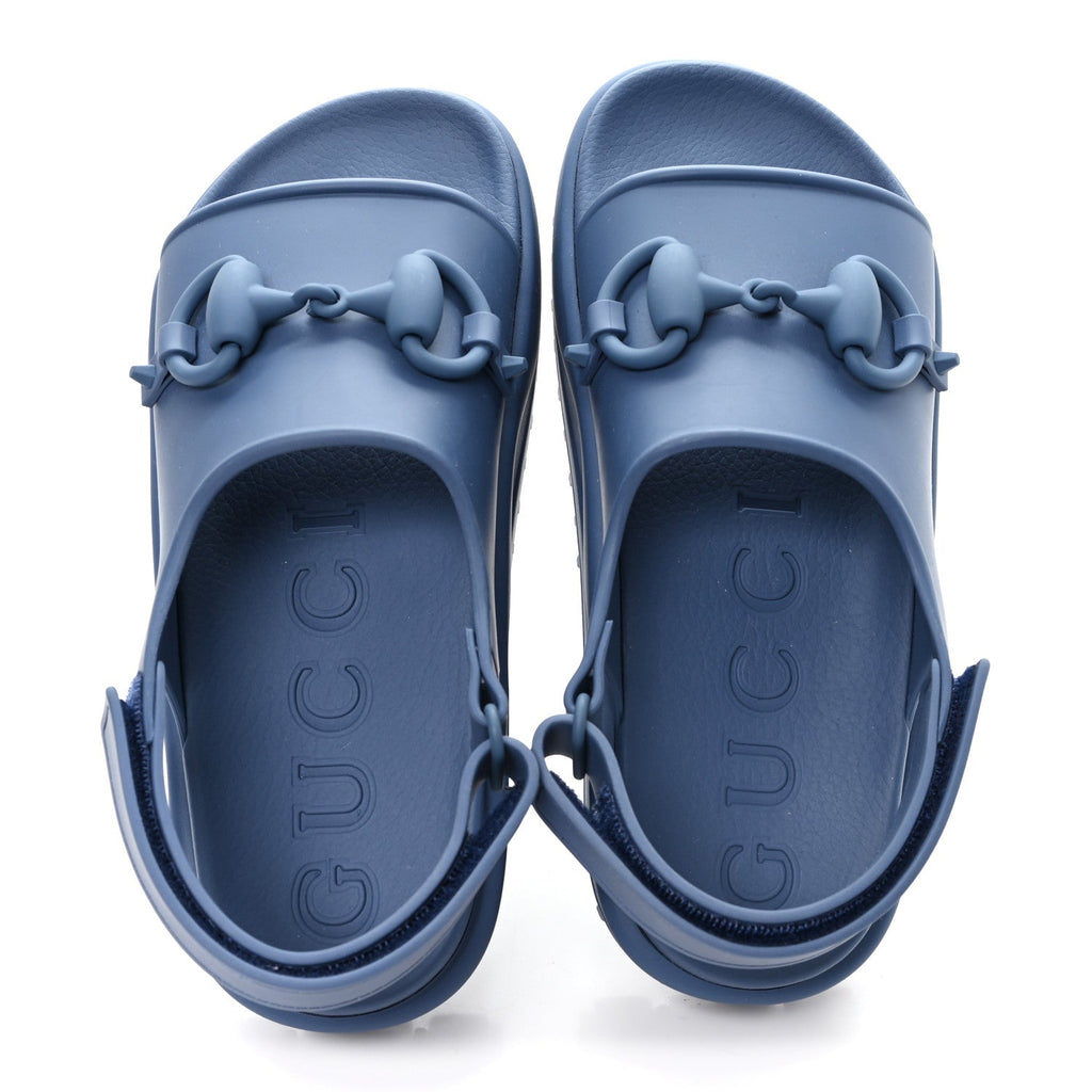 Gucci Soft Rubber Horsebit Mens Platform Slingback Sandals 5 Washed Indigo