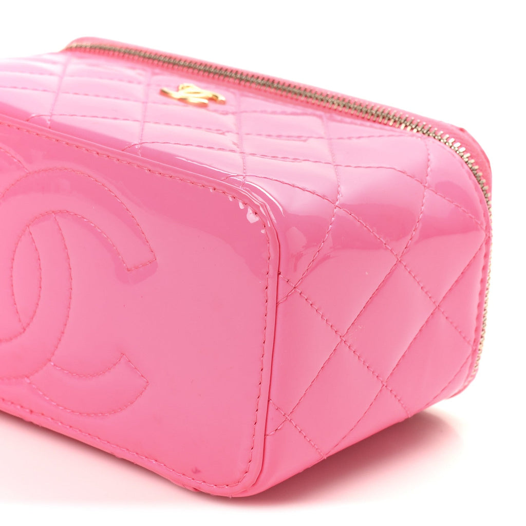 Chanel Patent Quilted Pearl Crush Small Vanity Case With Chain Neon Pink