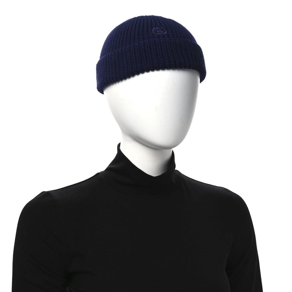 Gucci Wool Cashmere Knit Interlocking G Beanie Hat S Blue