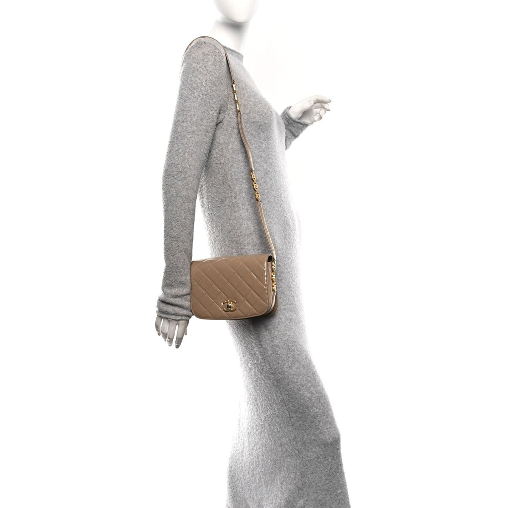 Chanel Shiny Calfskin Quilted Suede Goatskin Mini Messenger Beige