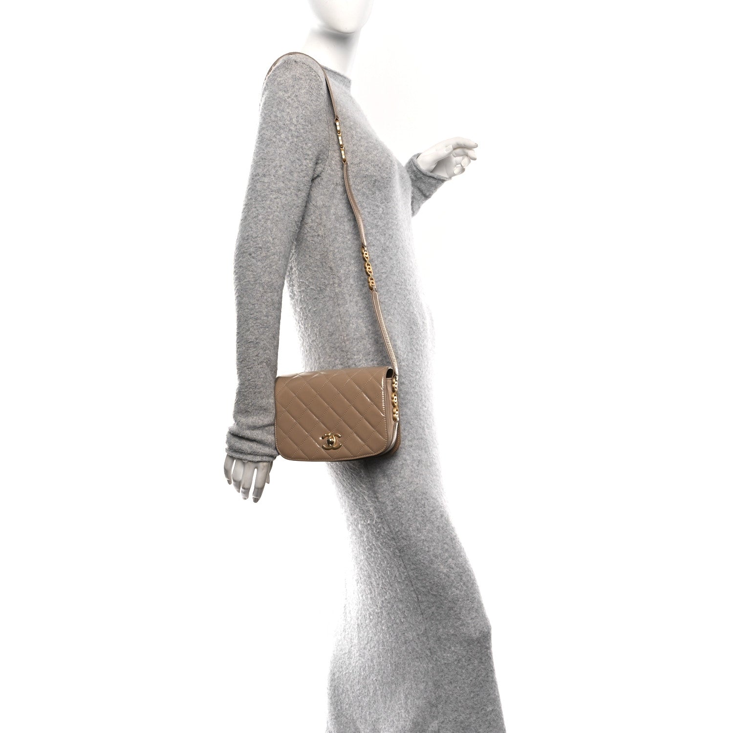 Chanel Shiny Calfskin Quilted Suede Goatskin Mini Messenger Beige