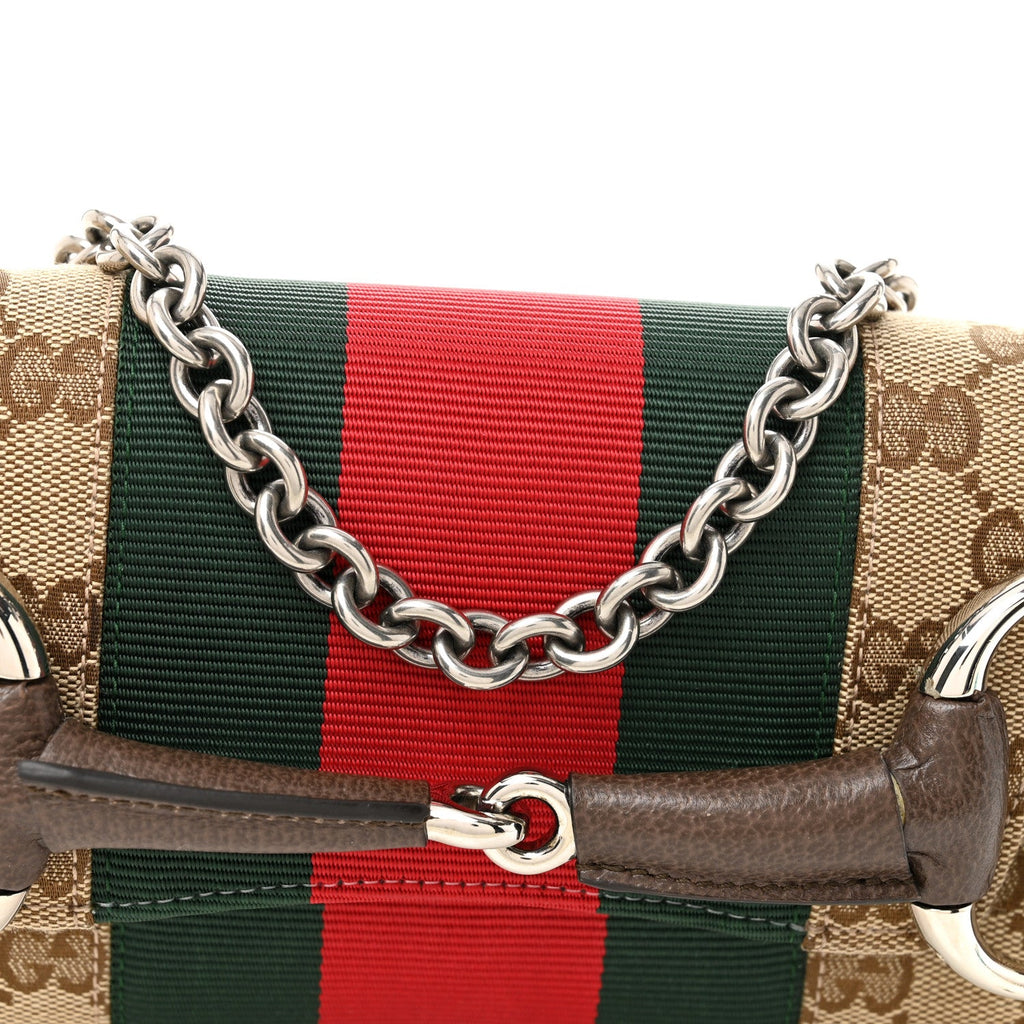 Gucci Monogram Textured Dollar Calfskin Heavy Grosgrain Web Small Maxi Horsebit Chain Shoulder Bag Beige Ebony New Acero