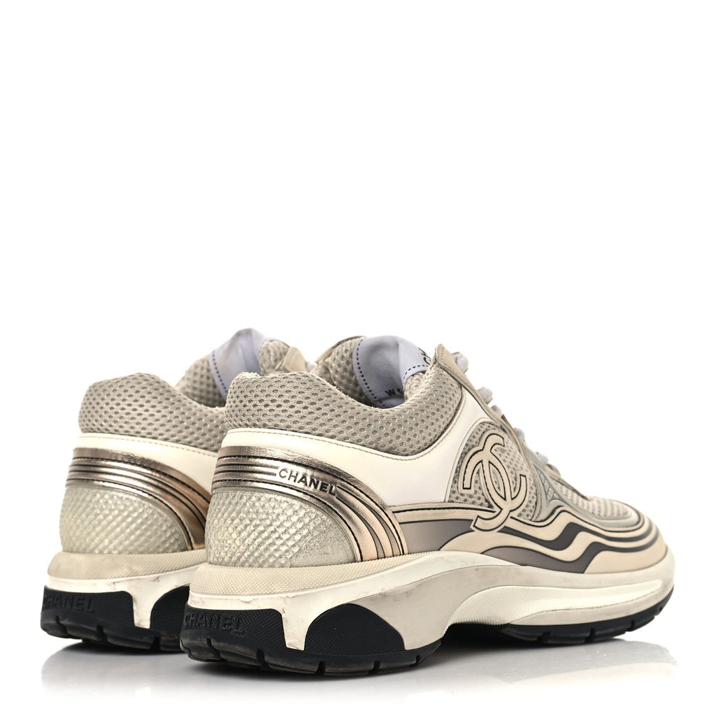 Fabric Laminated Calfskin Stretch CC Womens Sneakers 37 Ivory White Silver