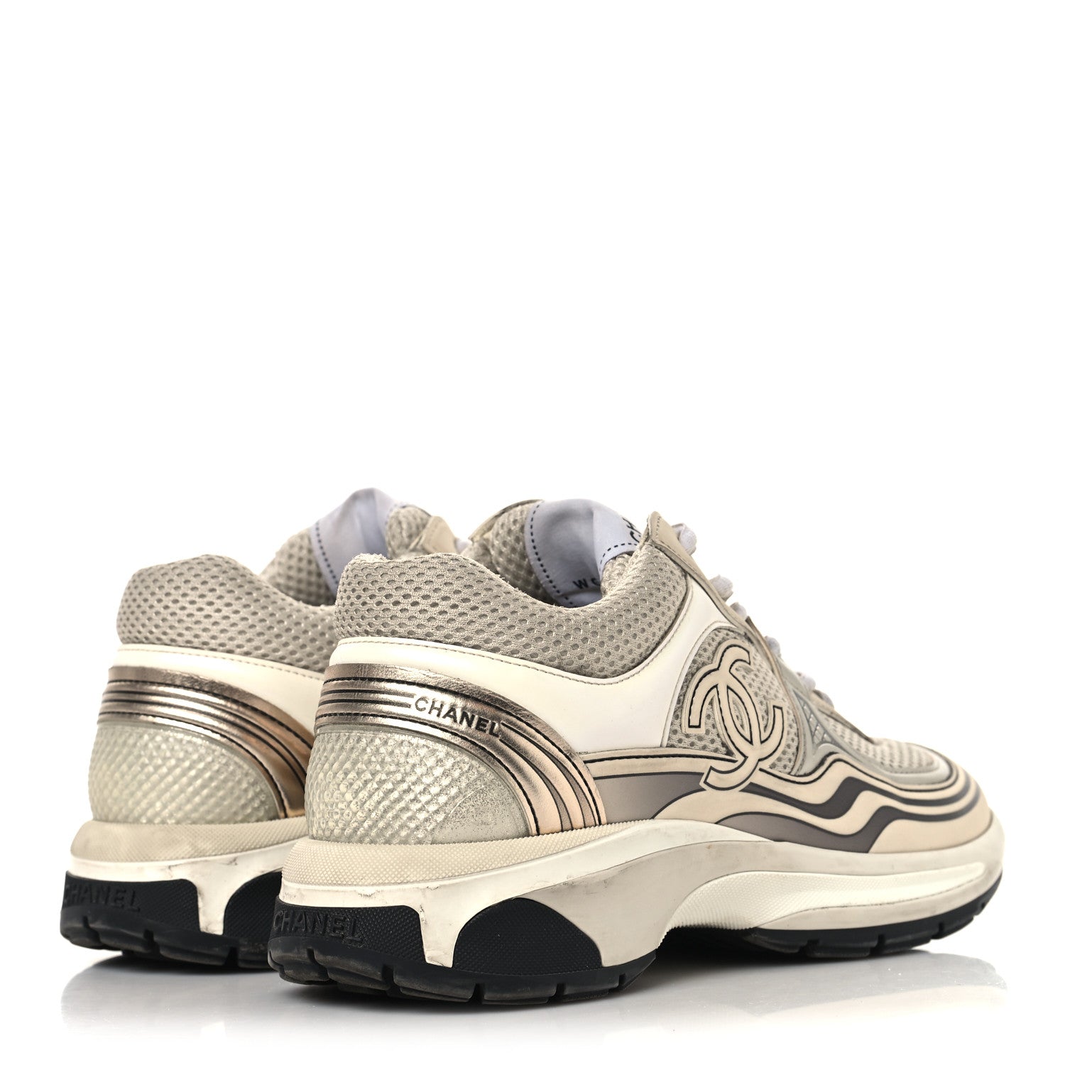 Fabric Laminated Calfskin Stretch CC Womens Sneakers 37 Ivory White Silver