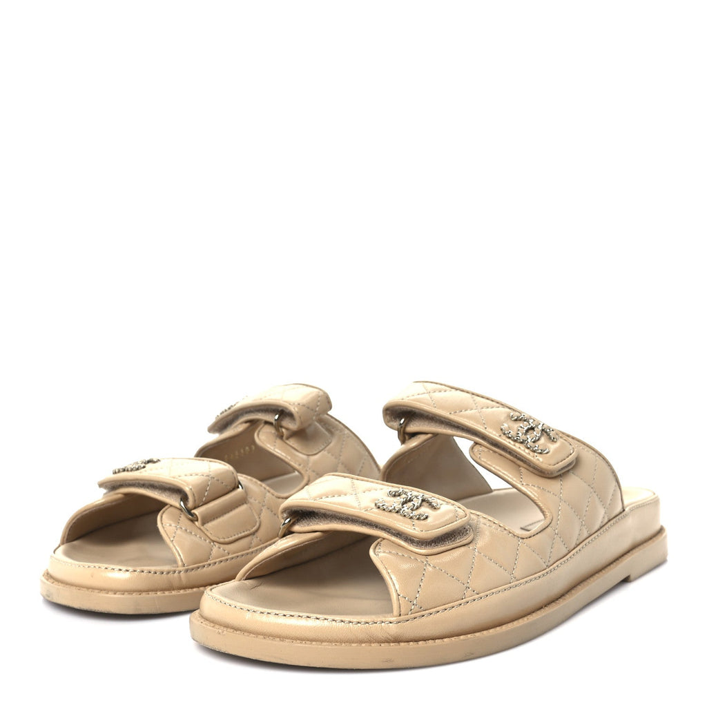 Lambskin Quilted Velcro Dad Chain CC Slide Sandals 39.5 Beige