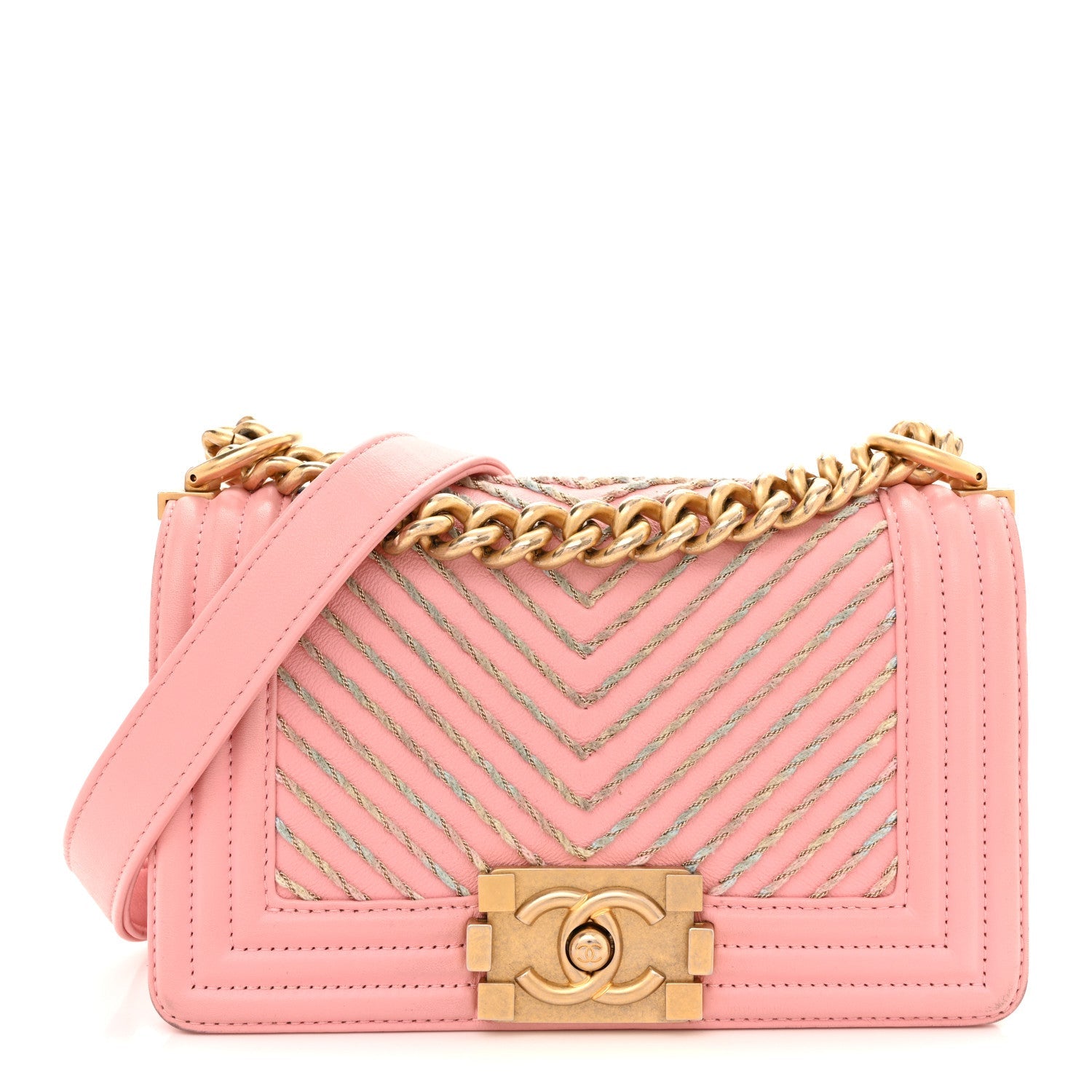 Chanel Calfskin Chevron Embroidered Small Boy By The Sea Flap Pink