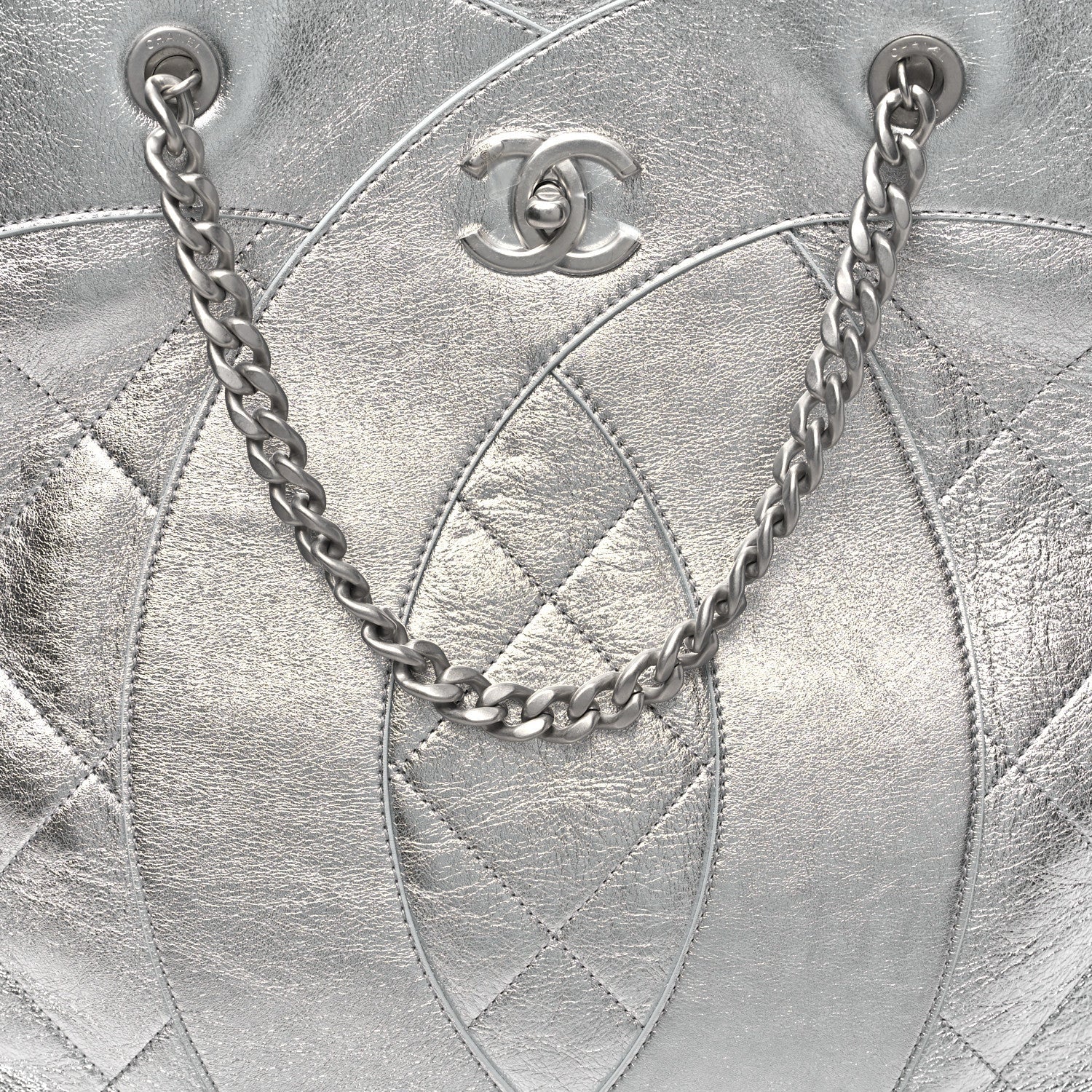 Chanel Metallic Calfskin Stitched CC Shopper Tote Silvery