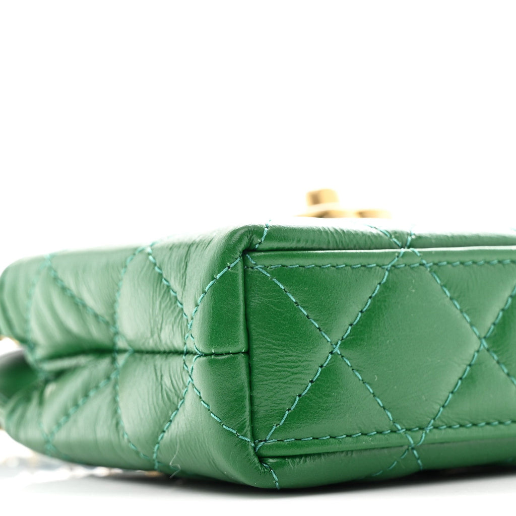 Chanel Shiny Aged Calfskin Quilted Mini Nano Kelly Shopper Green