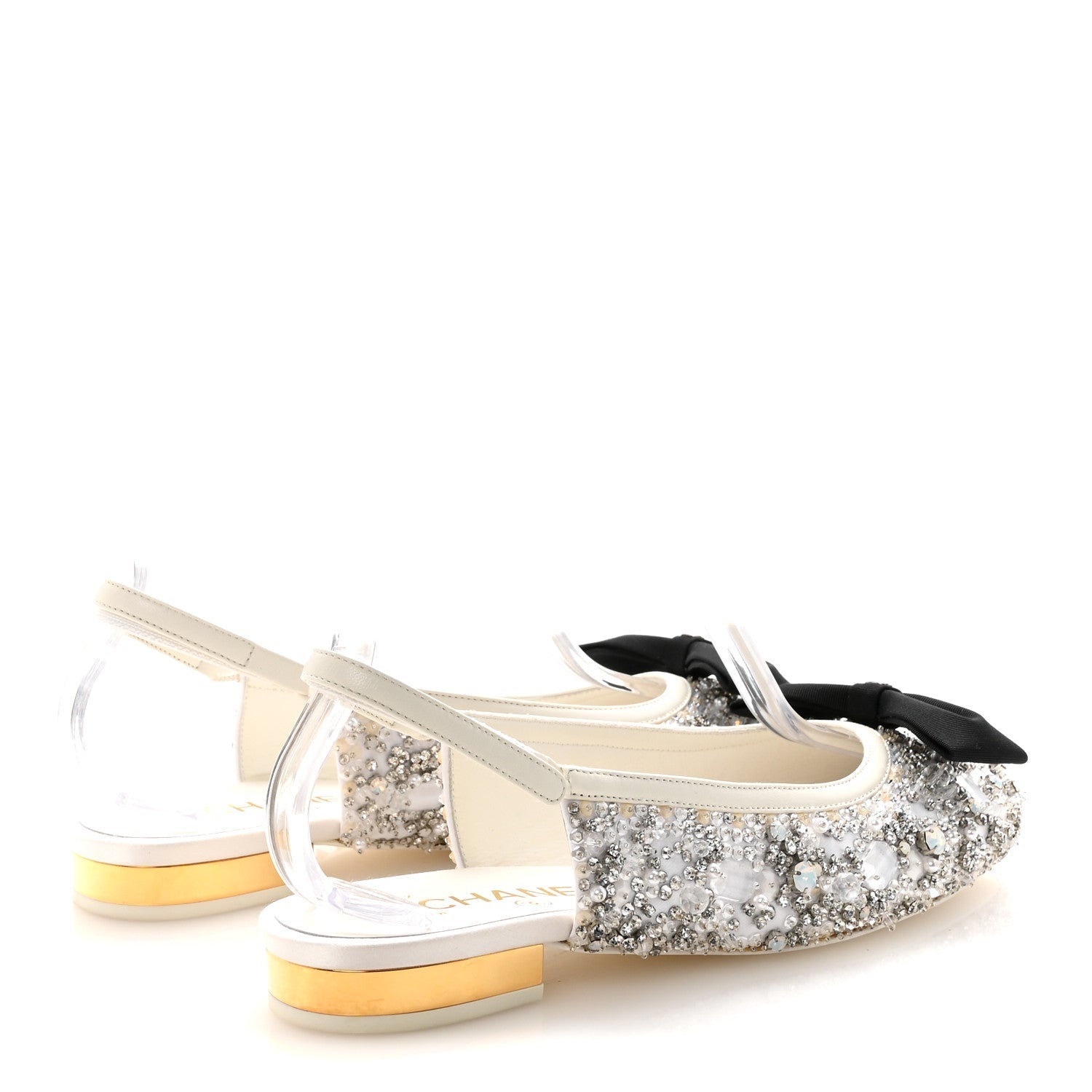 Satin Crystal Lambskin Grosgrain Bow CC Slingback Flats 38.5 White Black