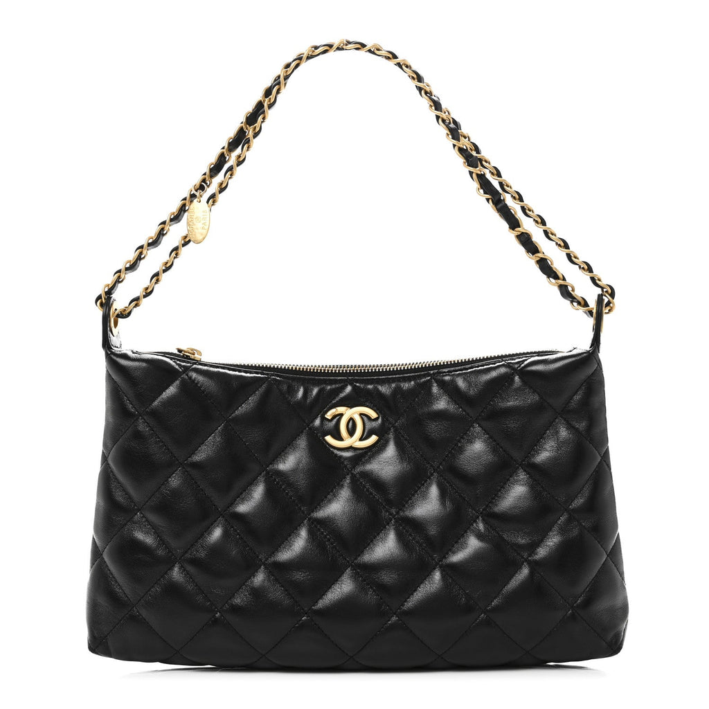 Chanel Shiny Lambskin Quilted CC Hobo Black