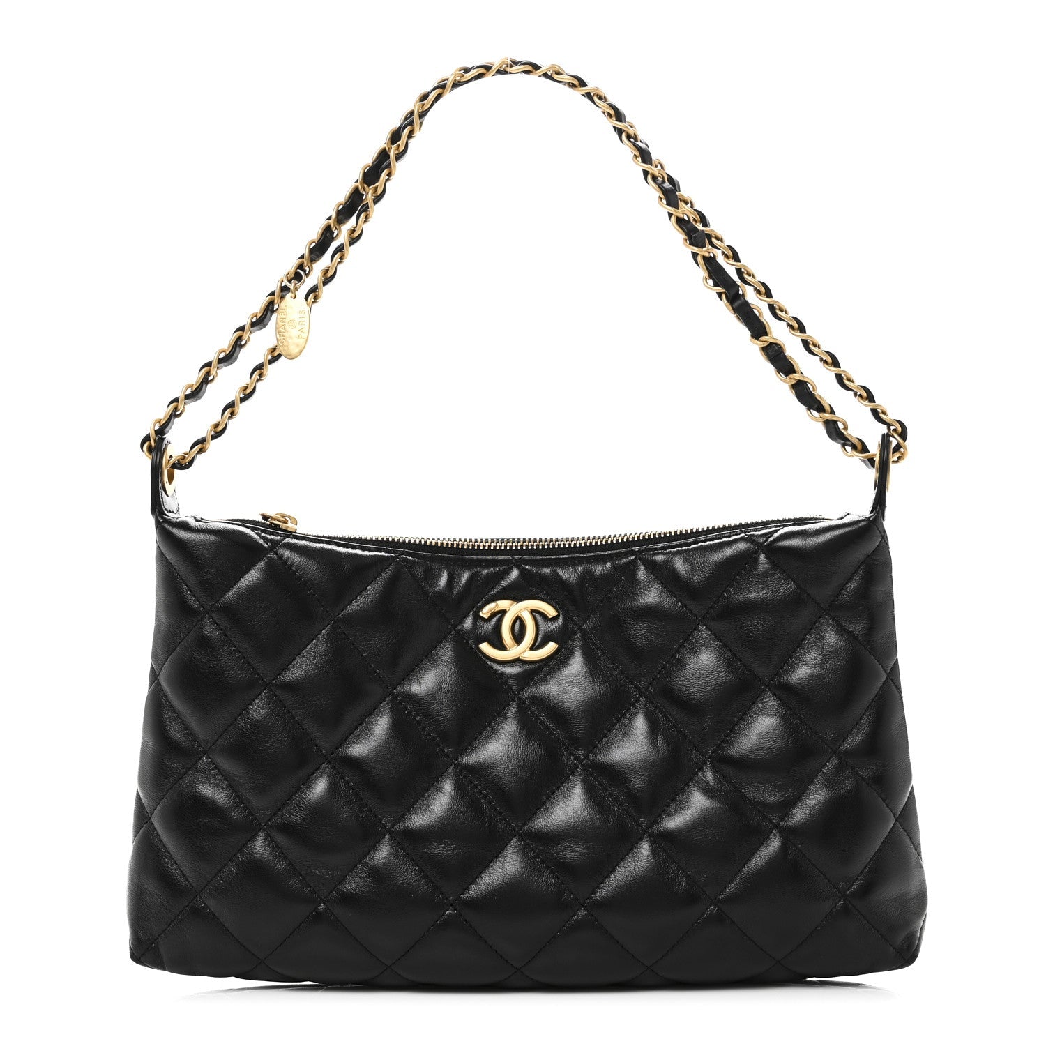 Chanel Shiny Lambskin Quilted CC Hobo Black