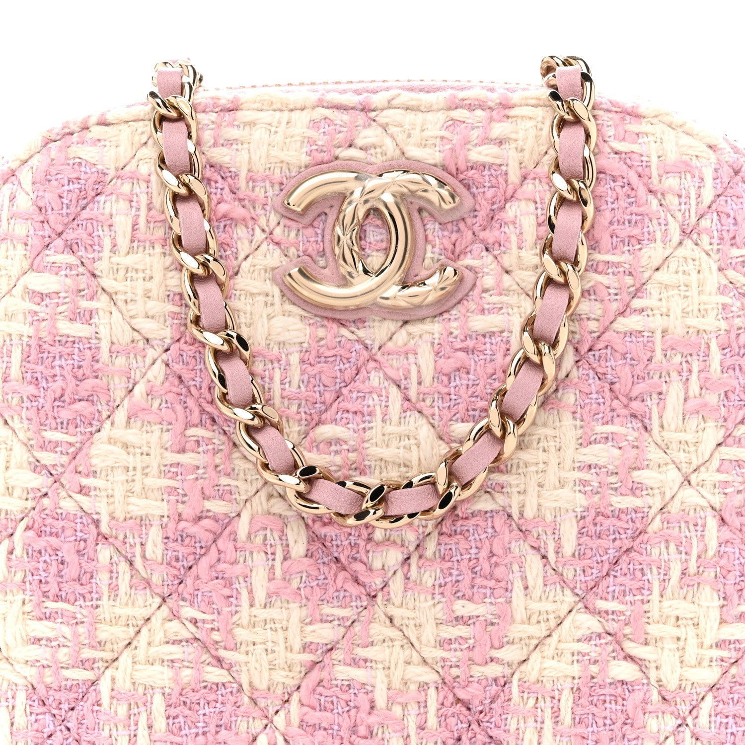 Chanel Tweed Quilted Mini Clutch With Chain Pink