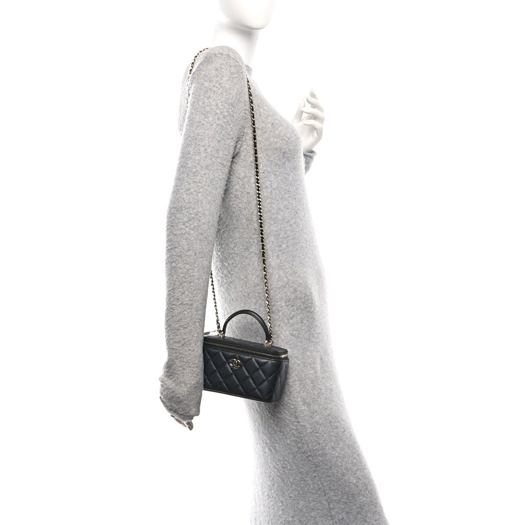 Chanel Lambskin Quilted Small Top Handle Vanity Case With Chain Black