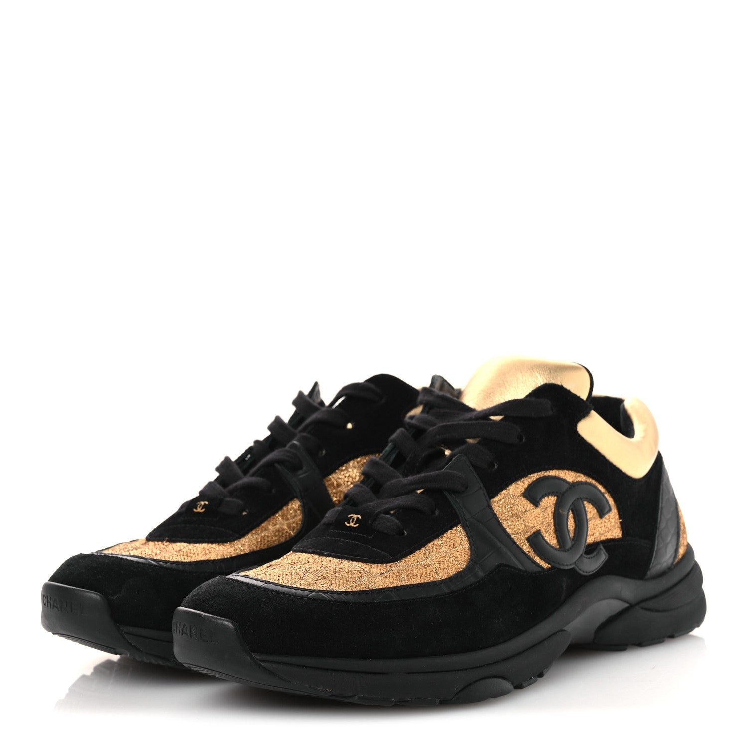 Metallic Fabric Suede Calfskin Crocodile Embossed Mens CC Sneakers 45 Black Gold