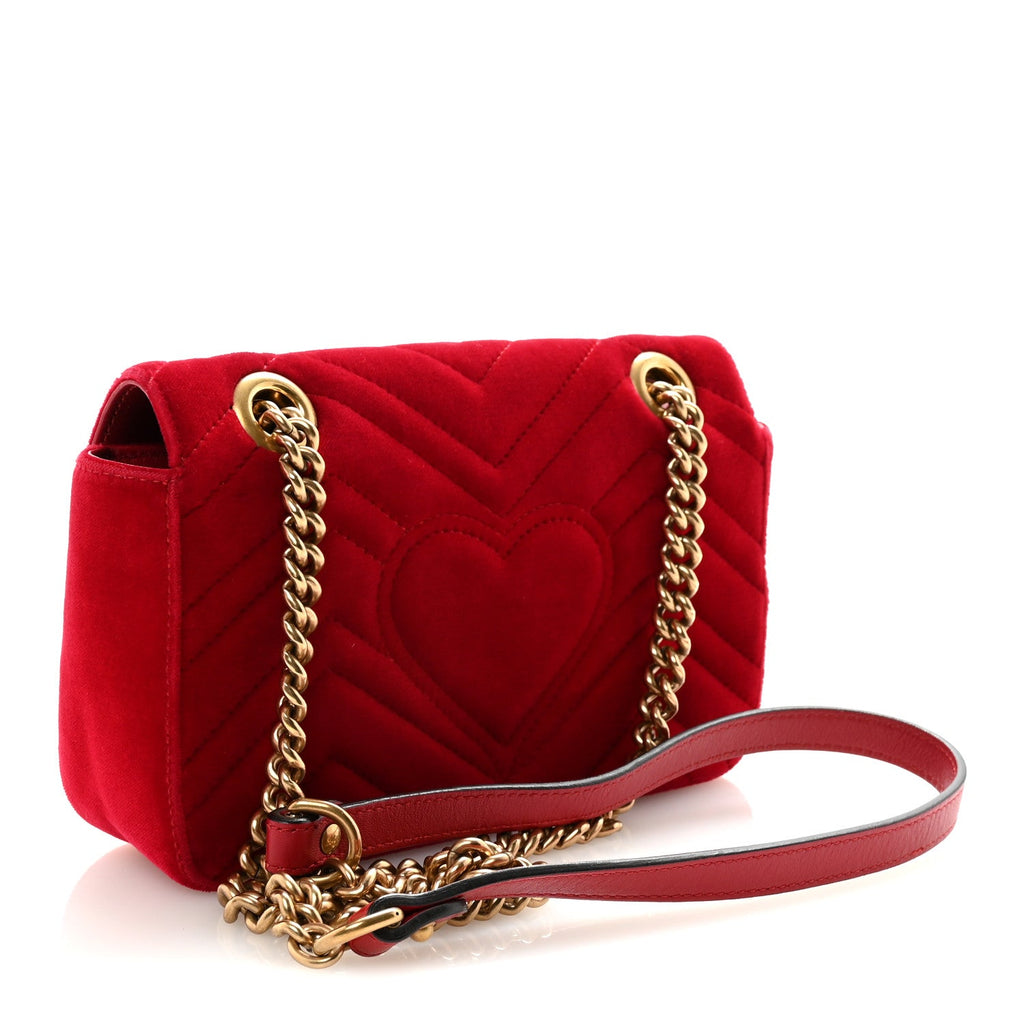 Gucci Velvet Matelasse Mini GG Marmont Shoulder Bag Hibiscus Red