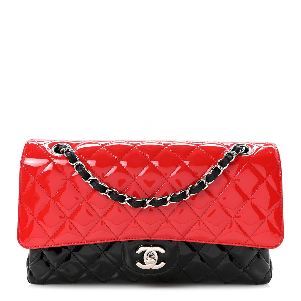 Chanel Patent Calfskin Quilted Bi-Color Medium Double Flap Black Red
