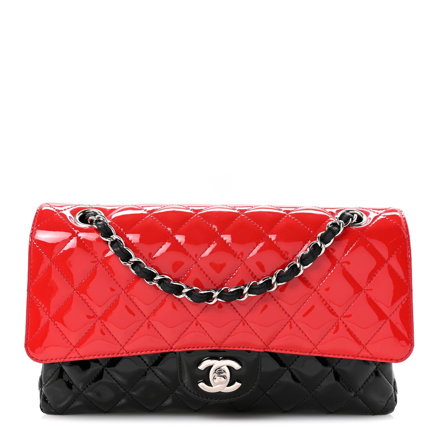 Chanel Patent Calfskin Quilted Bi-Color Medium Double Flap Black Red