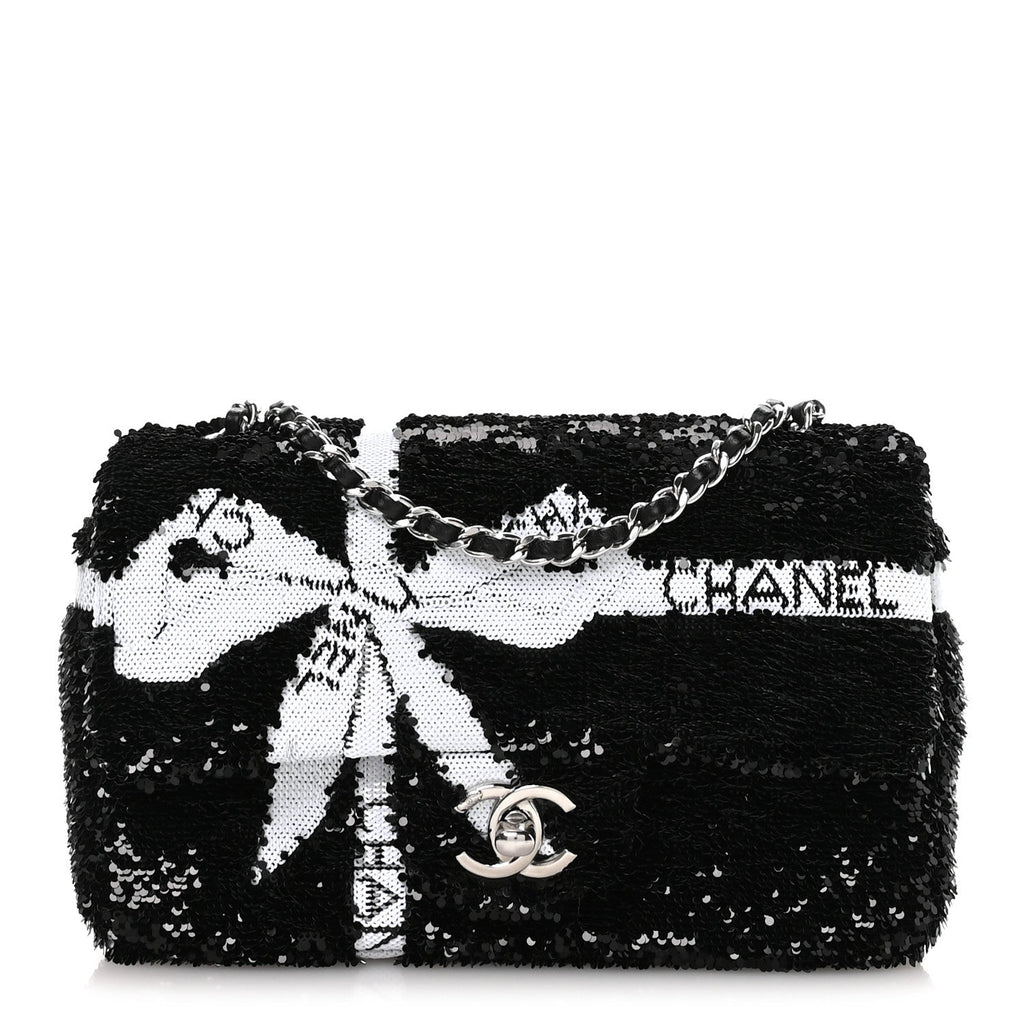 Chanel Sequin Ribbon Small Rectangular Flap Black White