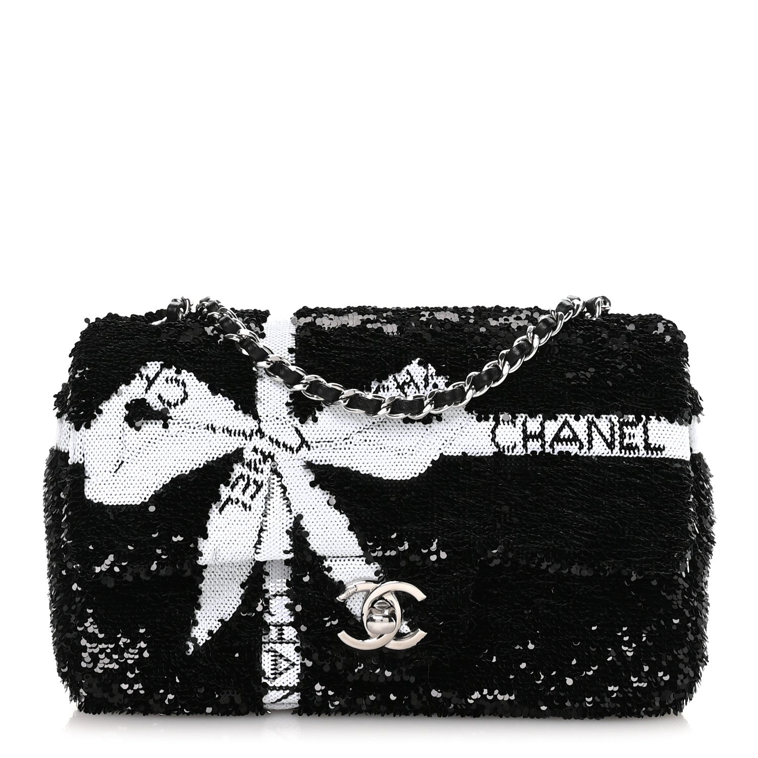 Chanel Sequin Ribbon Small Rectangular Flap Black White