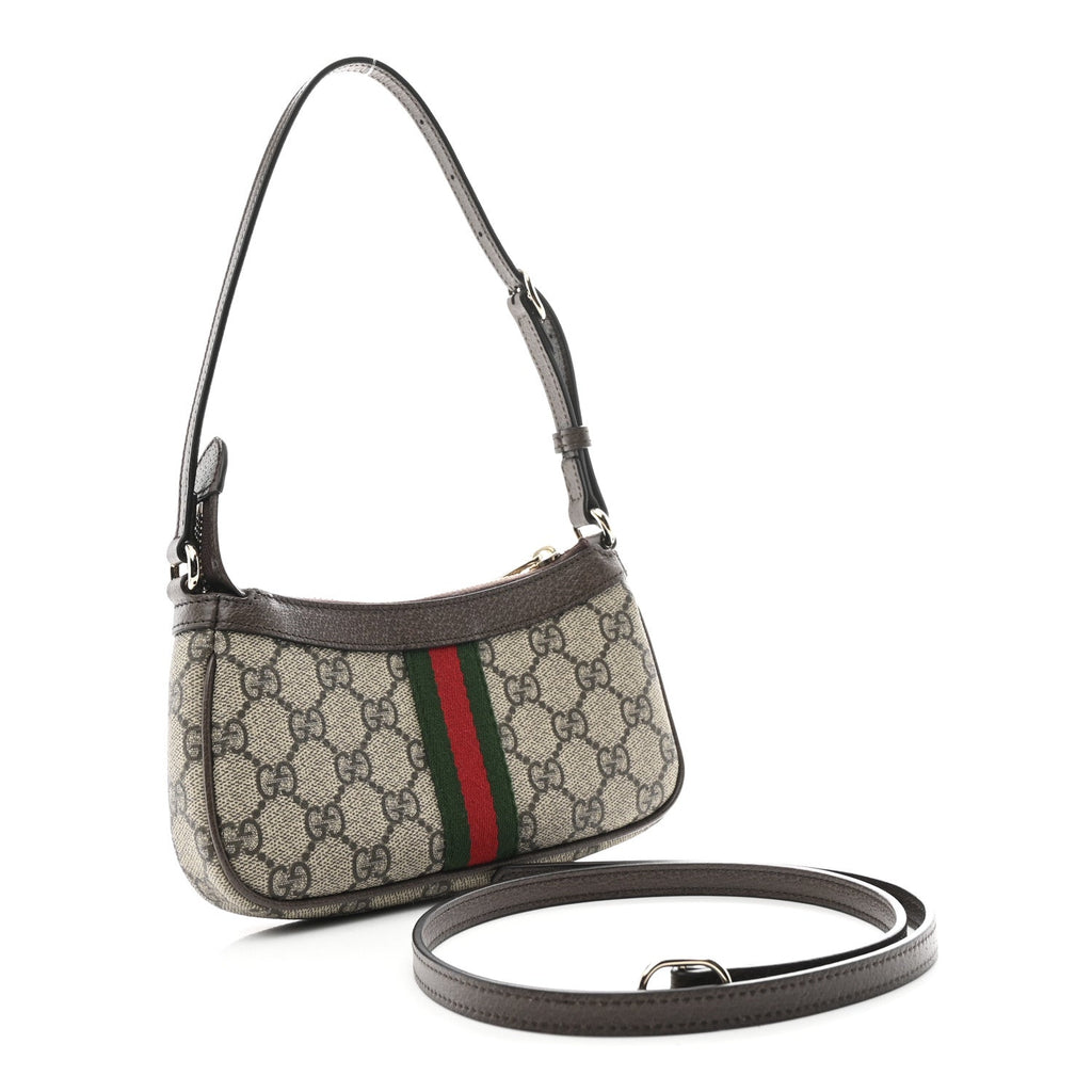 Gucci GG Supreme Monogram Textured Dollar Calfskin Web Mini Ophidia Shoulder Bag Beige Ebony New Acero