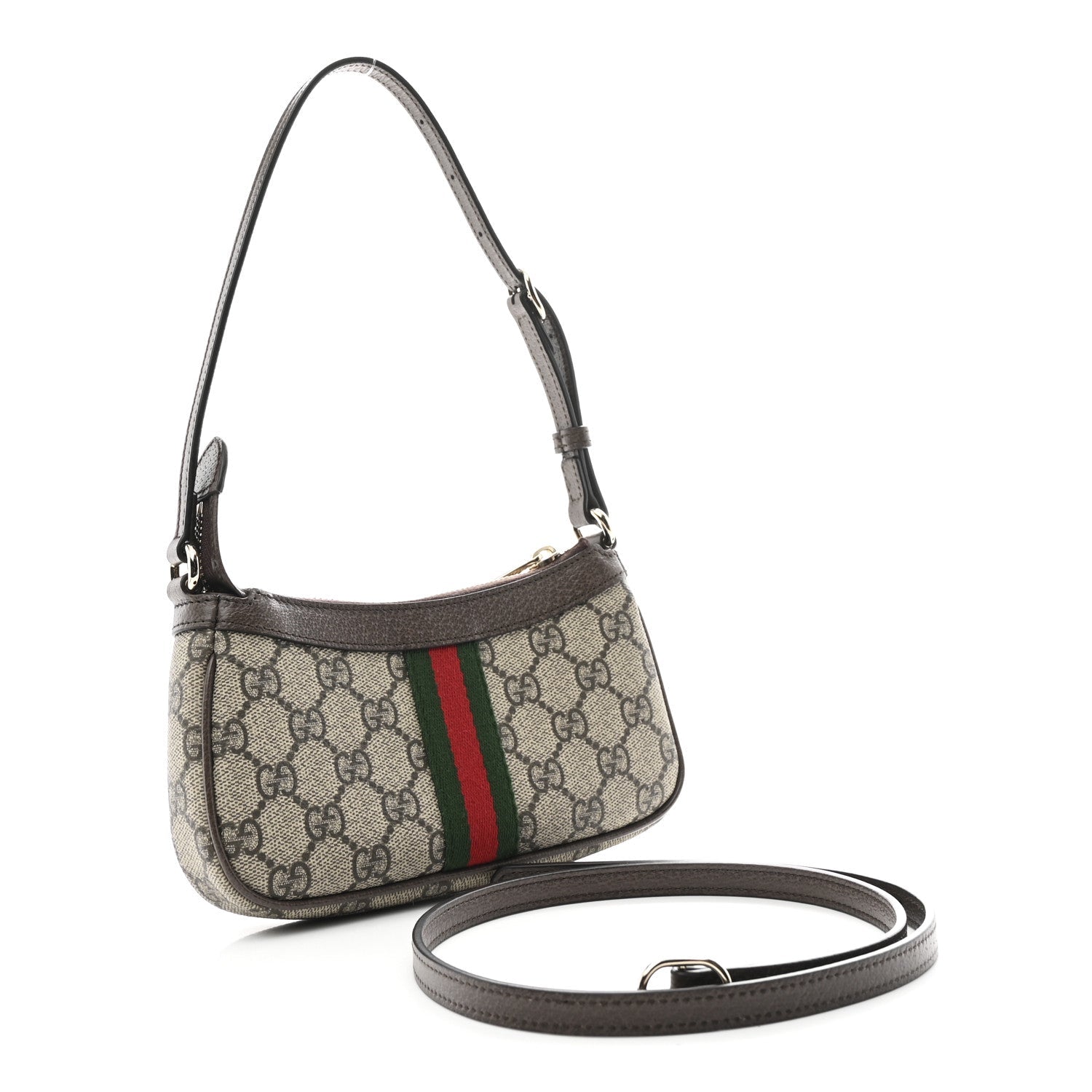 Gucci GG Supreme Monogram Textured Dollar Calfskin Web Mini Ophidia Shoulder Bag Beige Ebony New Acero