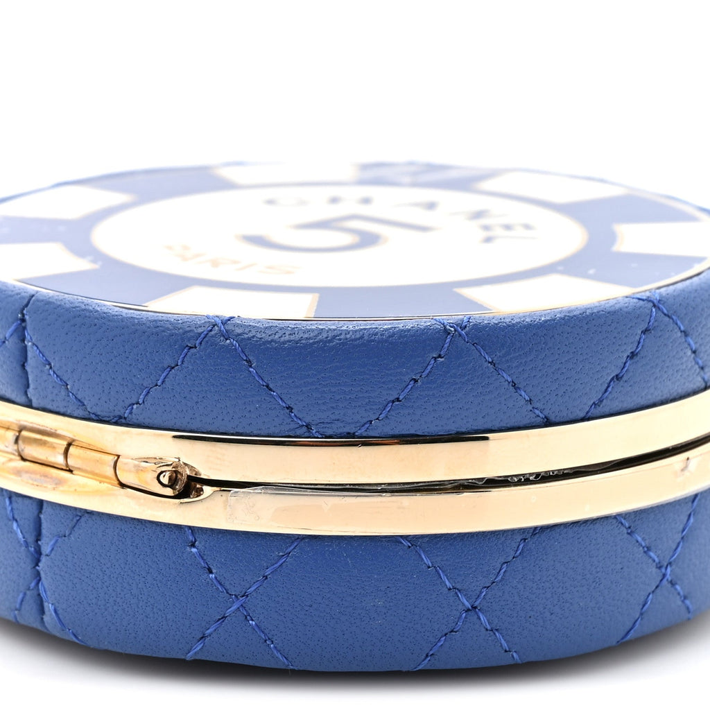 Chanel Lambskin Enamel Quilted Round Poker Chip Clutch With Chain Blue White